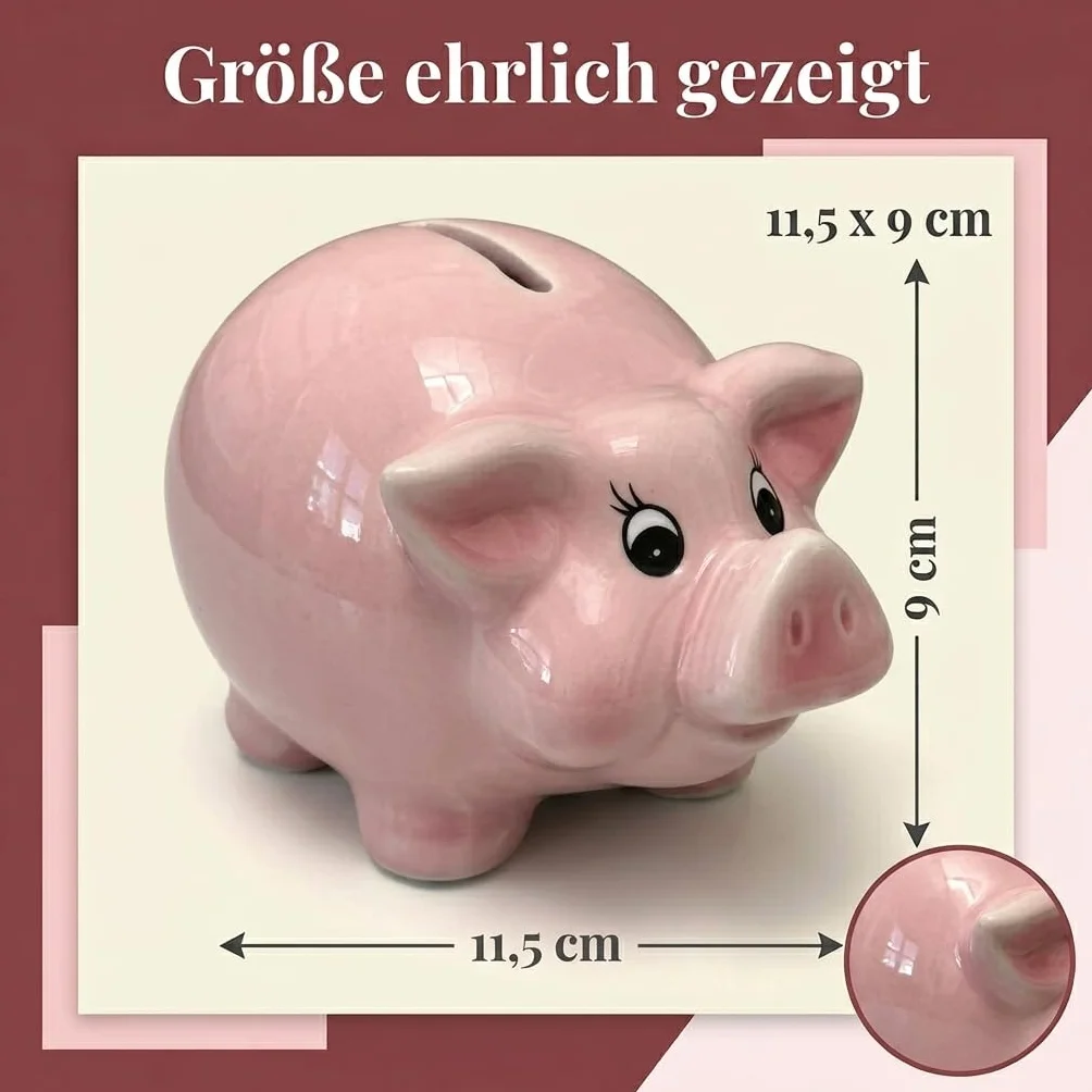 MIJOMA ceramiczna skarbonka w kształcie świnki w kolorze różowym, skarbonka o słodkim wzorze, z gumowym korkiem, skarbonka dla dzieci (S (13,5 x 8,5 cm))