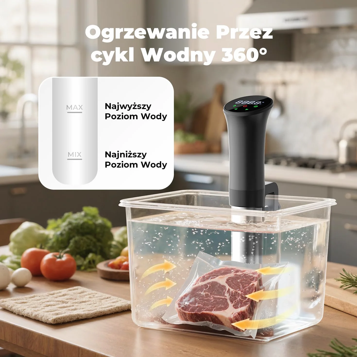 OUSFOT Sous Vide,Próżniowy Kucharz Termoregulacją Dokładną 0,1°C, Cyrkulacją Wody 3D, przepisami, idealny Zdrowej, Niskotłuszczowej Diety, Czarny