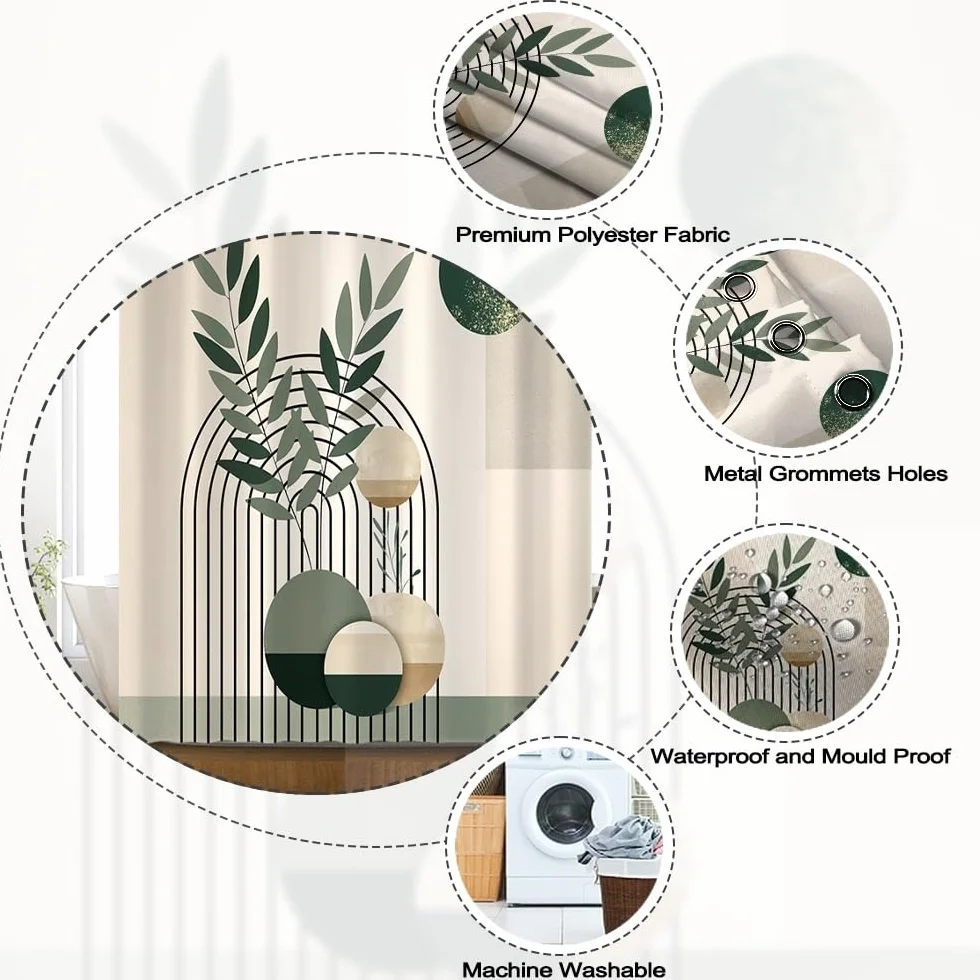 Boho zasłona prysznicowa zielone liście szałwii w stylu mid-century zasłona łazienkowa minimalistyczna geometryczna estetyczna roślina złote kropki odporna na pleśń i grzyb nadająca się do