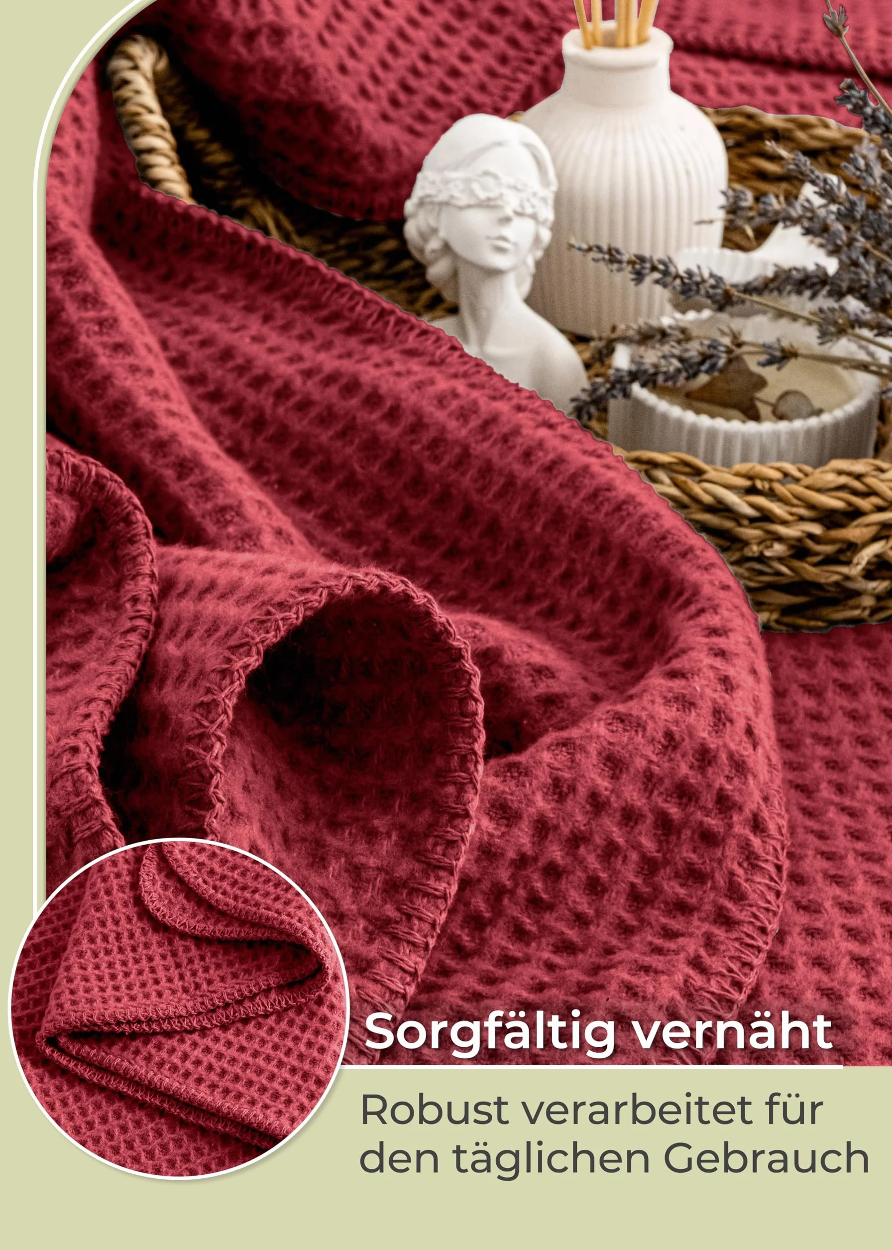 LAYNENBURG Koc bawełniany o strukturze waflowej, 220 x 240 cm, Öko-TEX 100, mieszanka bawełny, koc do przytulania, jako koc na sofę, koc na kanapę, przytulny, ciepły z bawełny (bordowy)