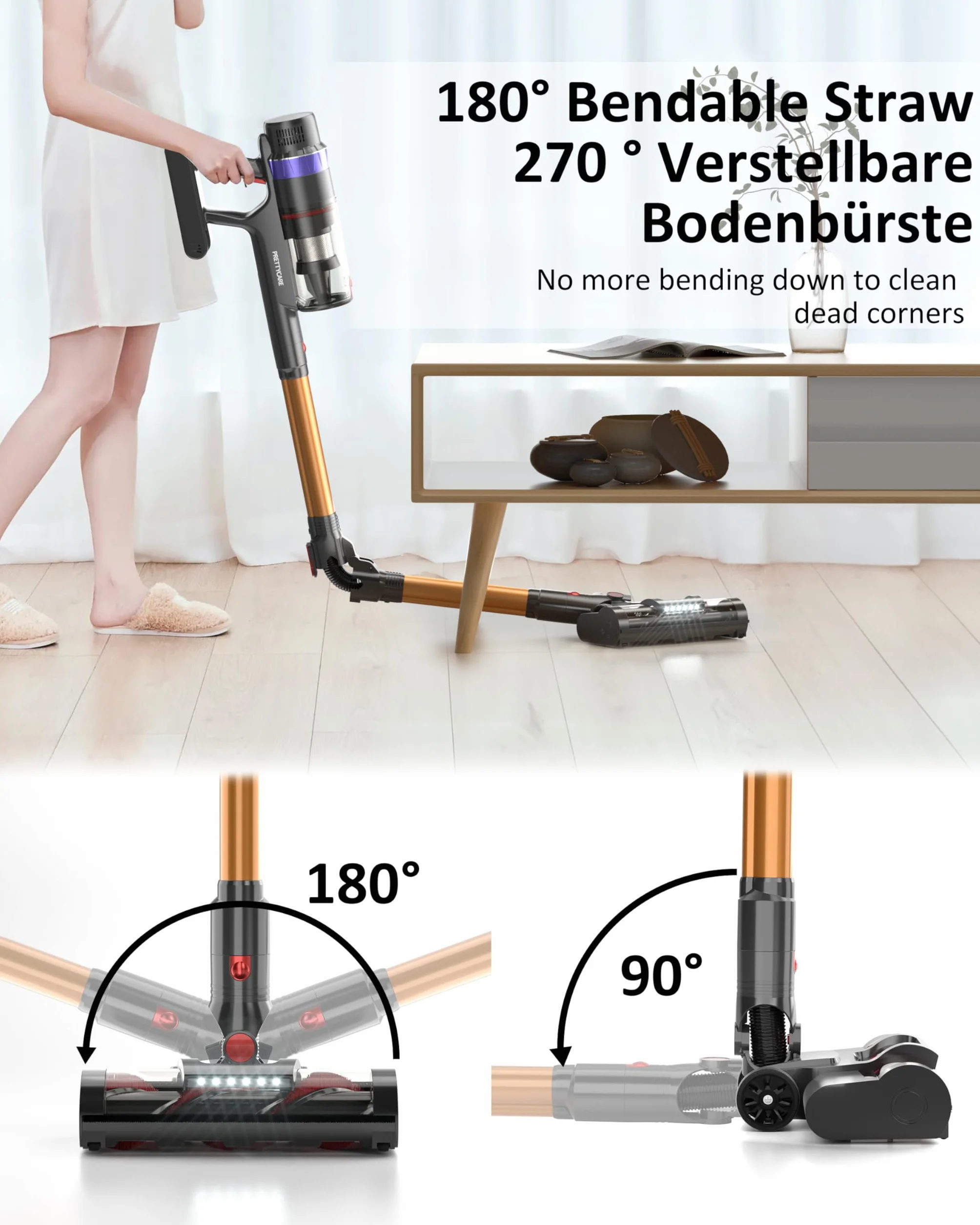 PRETTYCARE Akumulatorowy Odkurzacz Bezprzewodowy, 45 kPA/560 W, Bardzo Cichy Z Wyświetlaczem LED/Szczotką Zapobiegającą Splątaniu, 60 Min Automatyczny Pionowy Do Sierści
