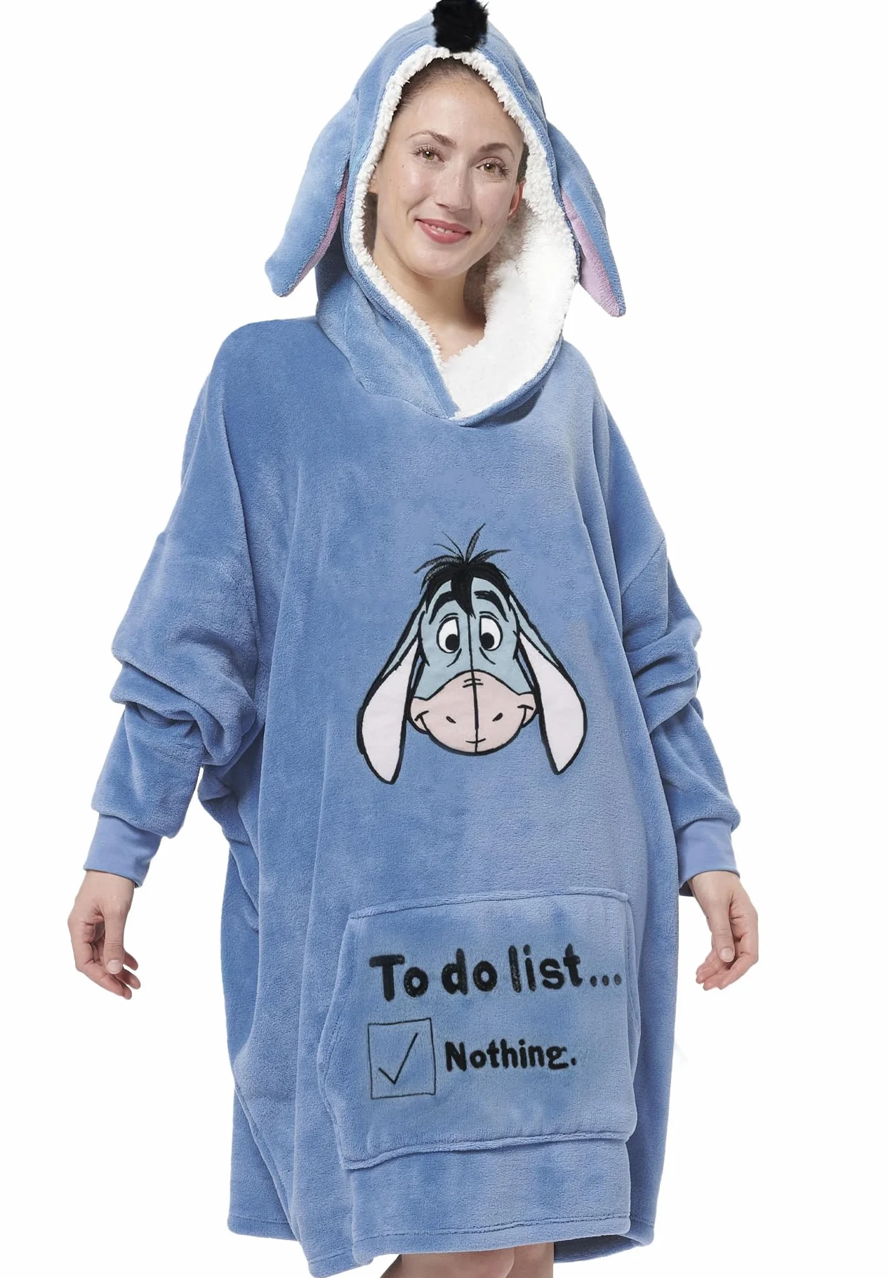 United Labels Disney I-Aah Osioł koc z kapturem oversize z rękawami i kapturem dla kobiet, niebieski, przytulny koc z kapturem rozmiar uniwersalny, pluszowy koc z kapturem