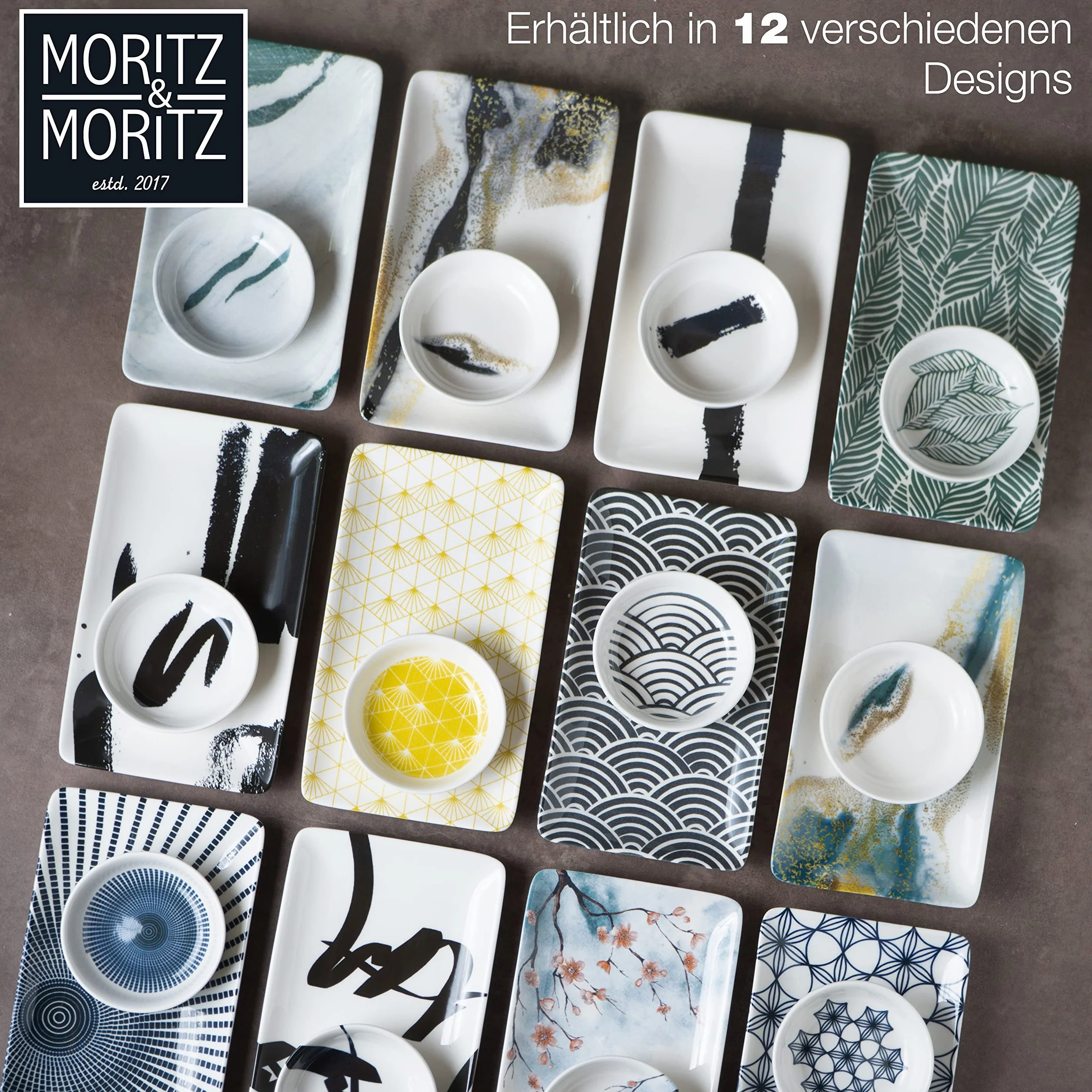 Moritz & Moritz 8-częściowy zestaw naczyń do sushi dla 2 osób – zestaw do serwowania sushi z 2 talerzami do sushi, miseczkami do dipów i pałeczkami