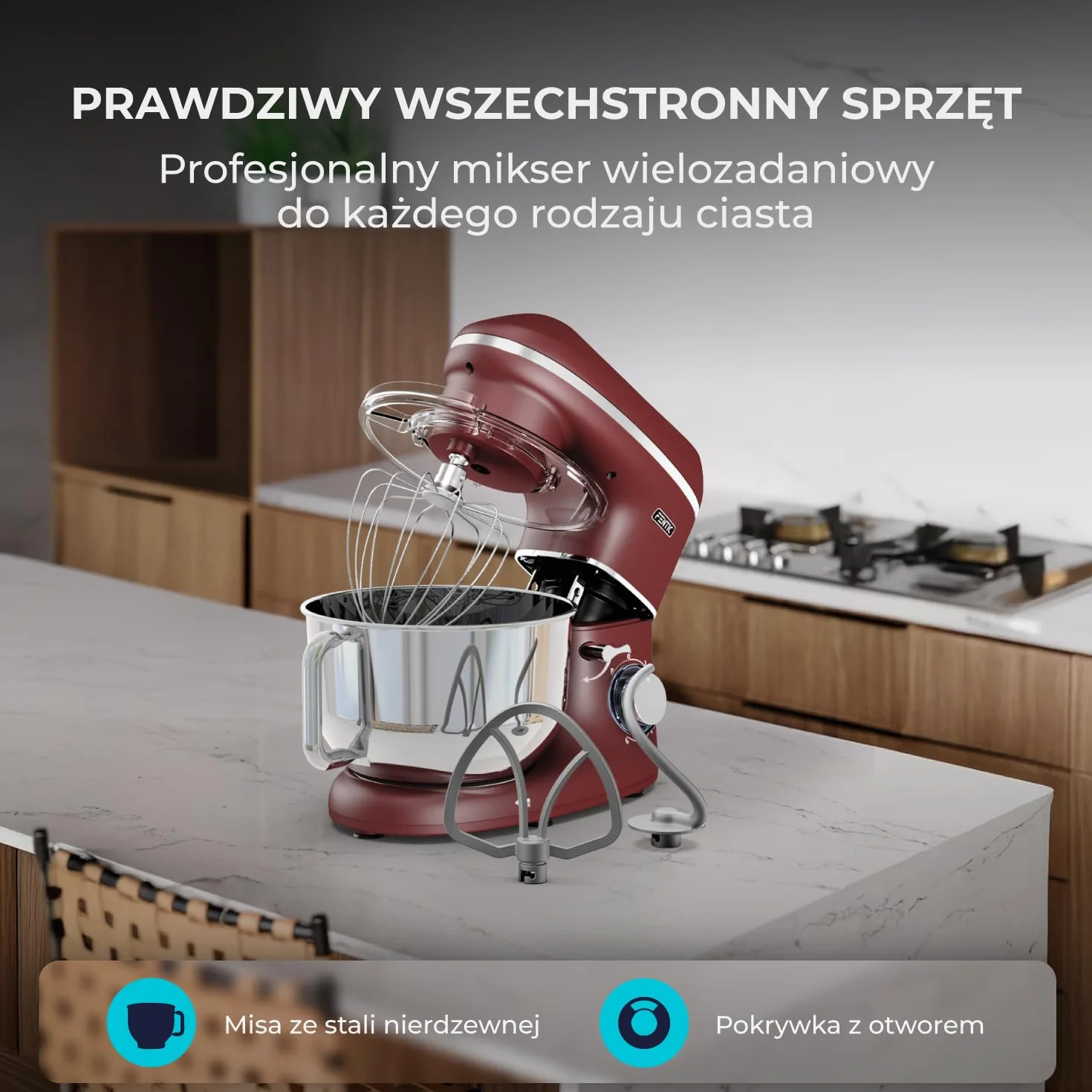 Robot kuchenny - 2000 W - miska do mieszania ze stali nierdzewnej (6,2 l) - mikser kuchenny z hakiem do mieszania, hakiem do zagniatania, trzepaczką i ochroną przed pryskaniem - w zestawie