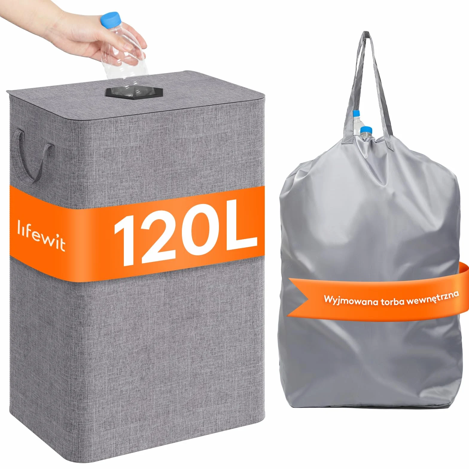 Lifewit 120 l pojemnik kolekcjonerski z pokrywką, organizator, torba na butelki, szary
