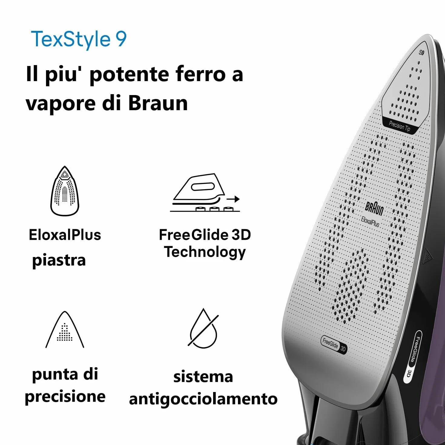 Braun TexStyle 9 SI9661VI żelazko parowe z technologią FreeGlide 3D, żelazko pionowe, funkcja zapobiegająca kapaniu, zbiornik 330 ml, 260 g/min, 3200 W, fioletowy