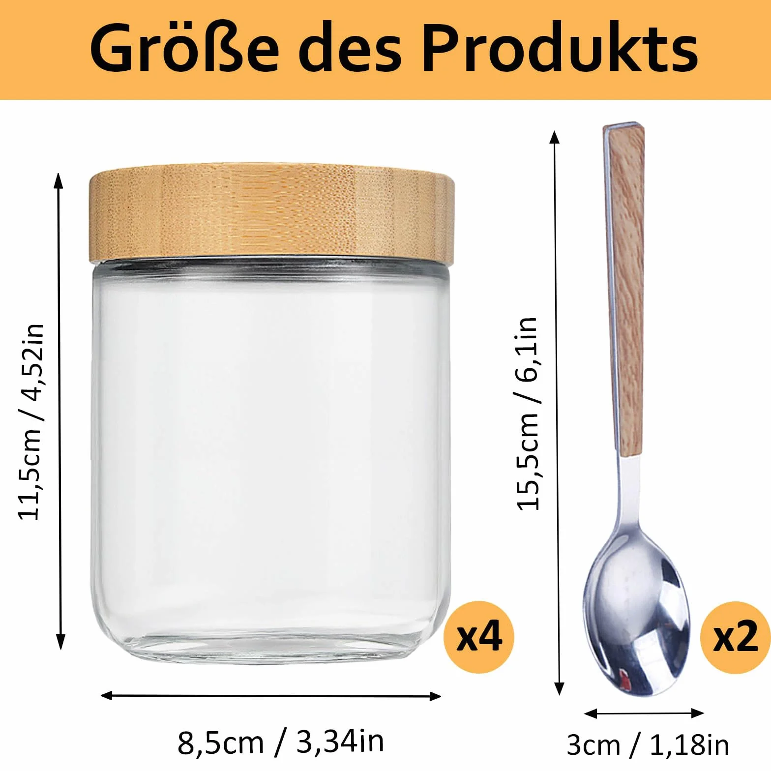 Szklane słoiki Overnight Oatmeal 500 ml 4 szt. z bambusową pokrywką i łyżką ze stali nierdzewnej