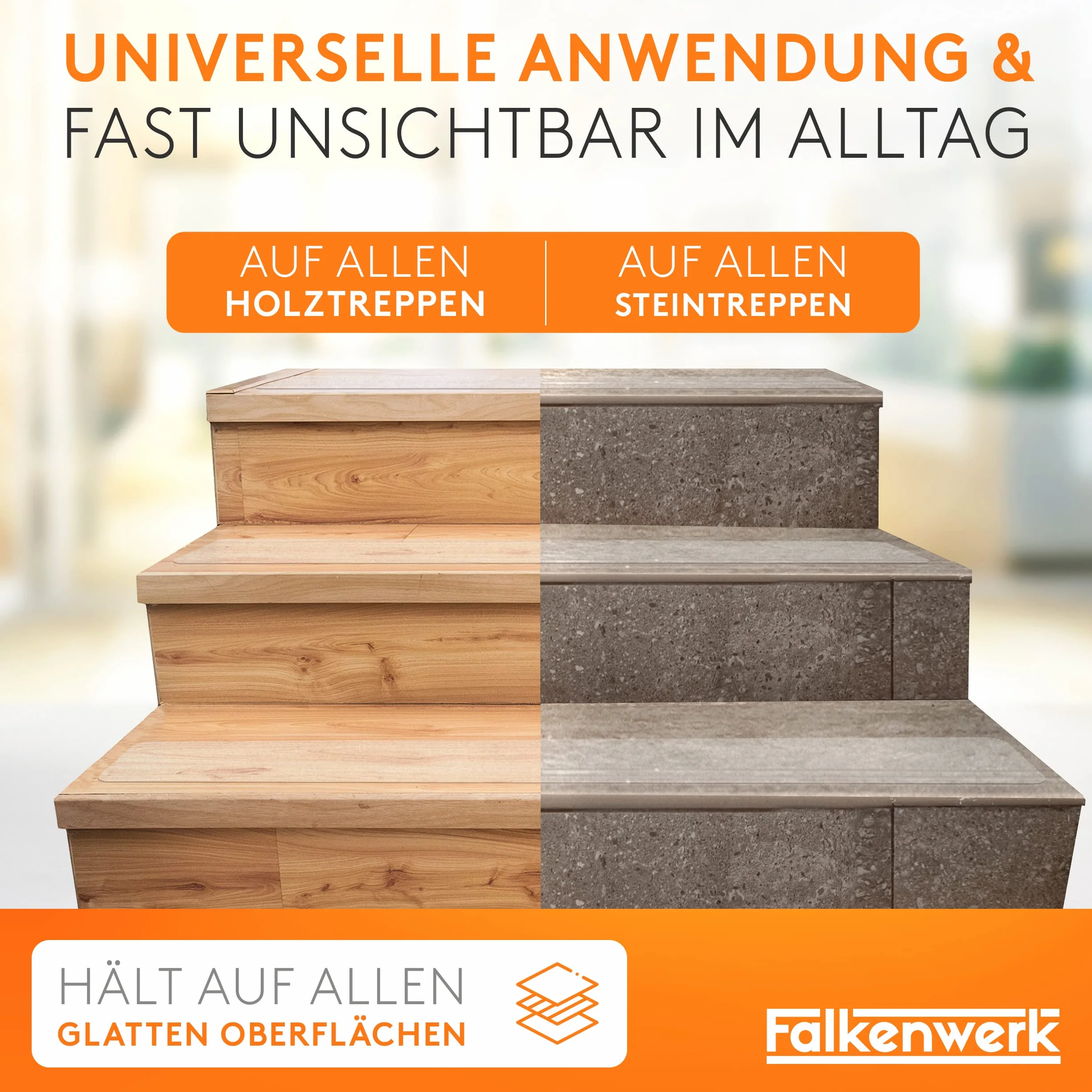 FALKENWERK Paski antypoślizgowe do schodów [20 sztuk] – samoprzylepne i przezroczyste paski antypoślizgowe (12 x 75 cm) – wodoodporne antypoślizgowe schody – ochrona przed poślizgiem na schodach z wałkiem szpachlowym