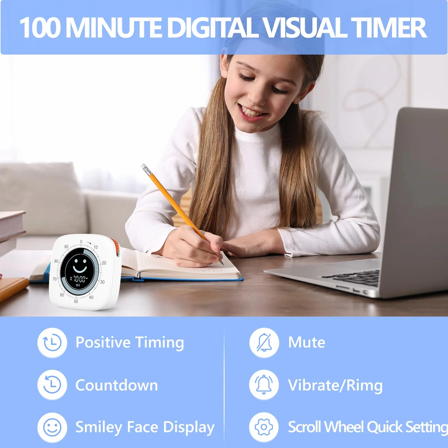 Cuteefun 100-minutowy wizualny timer Pomodoro z wyświetlaczem Smiley, szybkie przesuwanie, tryb wyciszenia i wibracji, regulowana głośność, krótki timer do kuchni i gabinetu