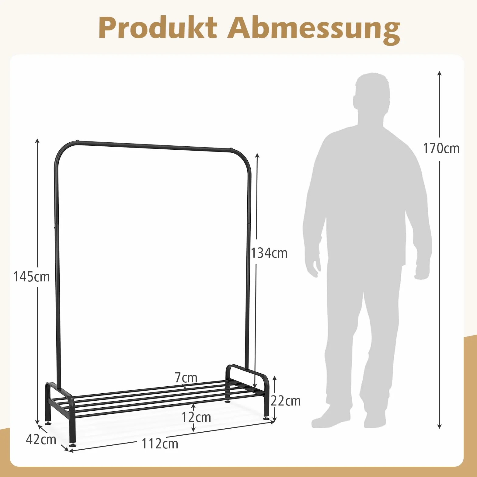 COSTWAY Wieszak na ubrania z drążkiem na ubrania i półką, metalowy wieszak na ubrania z regulowanymi nóżkami, wolnostojący, 112 x 42 x 145 cm