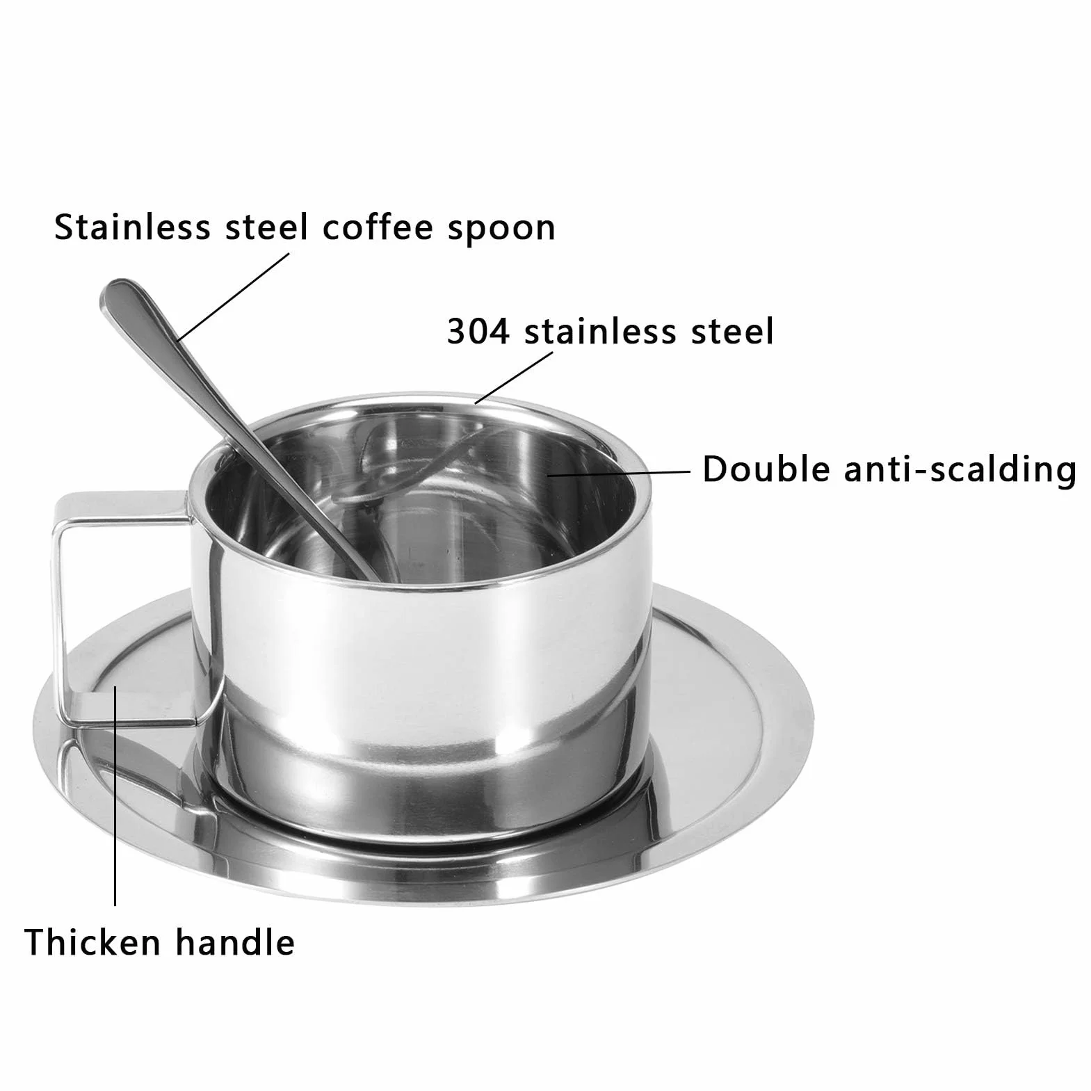Zestaw 4 filiżanek do kawy ze stali nierdzewnej, 200 ml, podwójne ścianki, metalowe, do espresso, filiżanki termiczne z łyżeczką i spodkiem, do kawy, latte, herbaty, mleka
