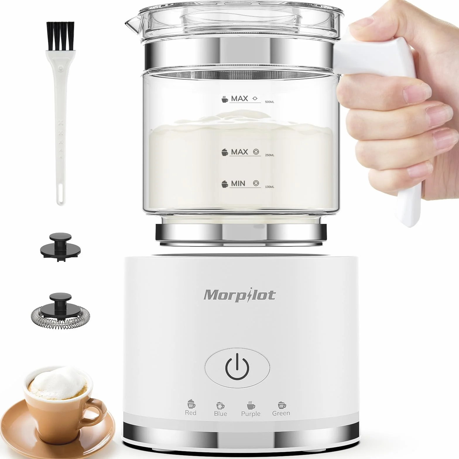 Morpilot spieniacz do mleka elektryczny, 130-500ml 600W, 4 w 1 spieniacz do mleka na gorąco i na zimno, odporny na zmywarkę, szkło wizualne, design latte, biały
