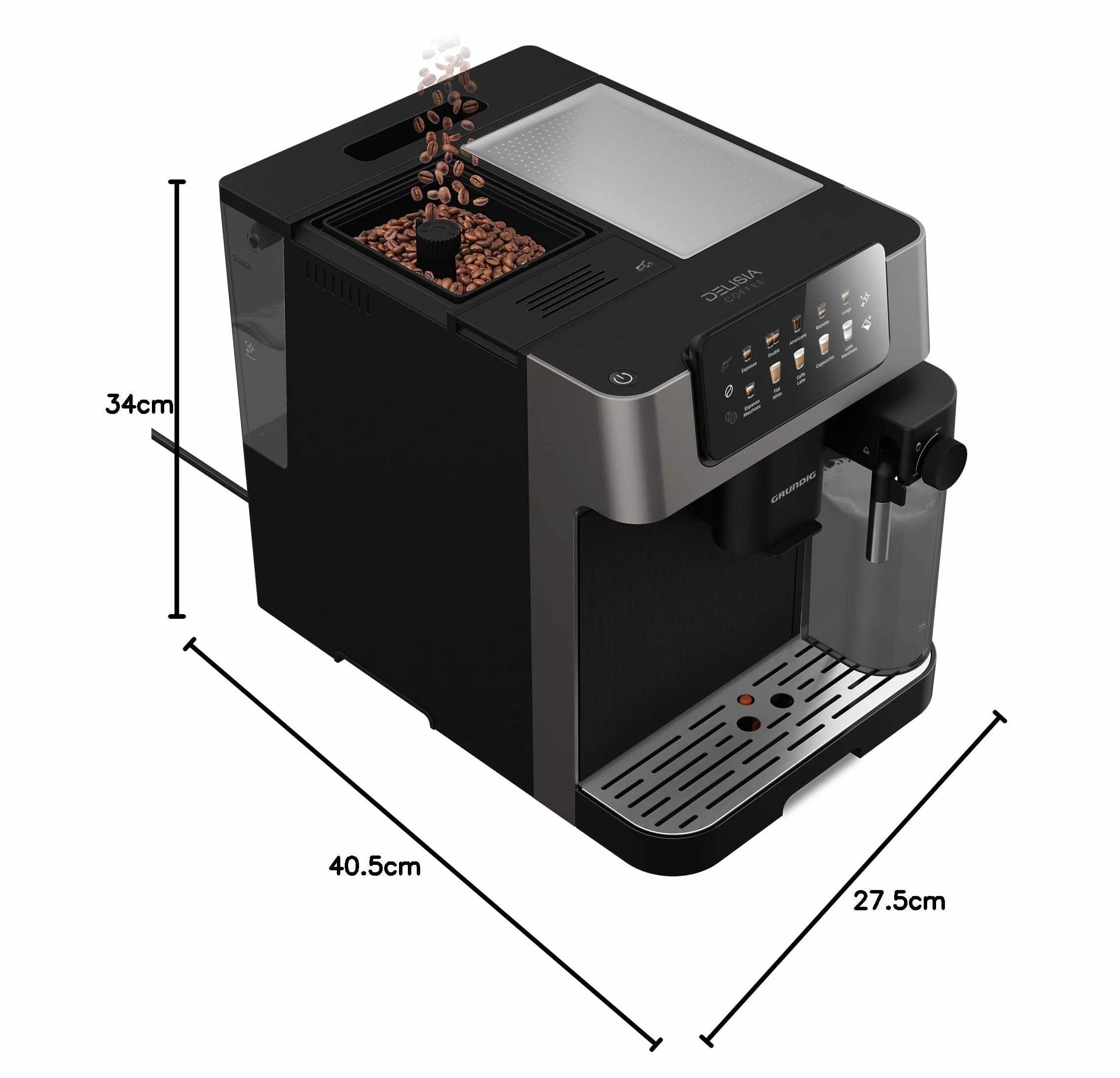 Grundig KVA 7230 ekspres do kawy, 10 specjałów do kawy, 13 stopni mielenia, pojemnik na mleko, wydajny 1350 W, ciśnienie pompy 19 bar, podwójna dysza, oświetlenie, czarny/ciemny srebrny