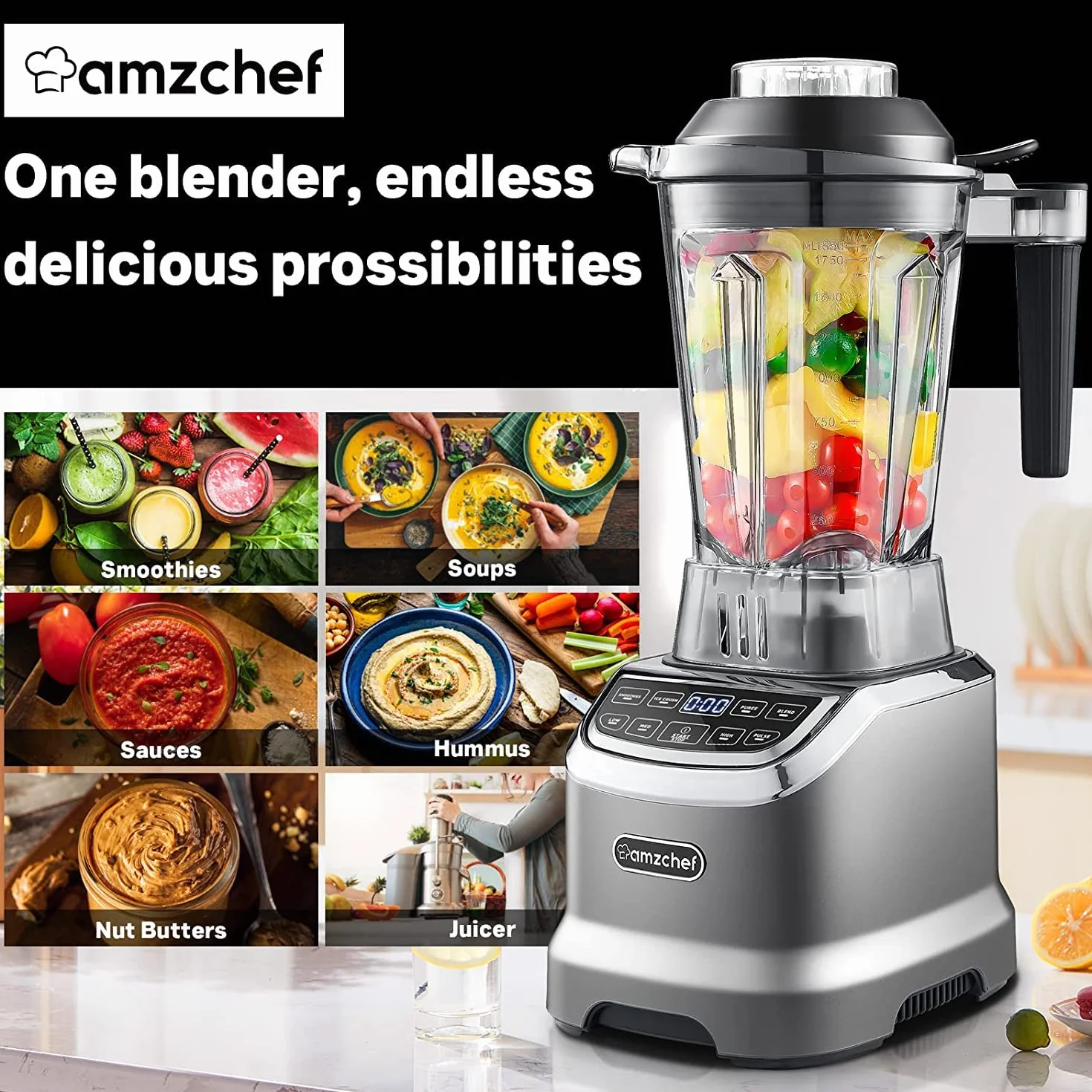 AMZCHEF Blender Smoothie Maker Two Blending Containers - Mikser Stojący High Performance Mikser o Wysokiej Wydajnośc with LED - 1200W 20000 RPM Stand Blender - 6 Ostrych Ostrzy 3D - Szary