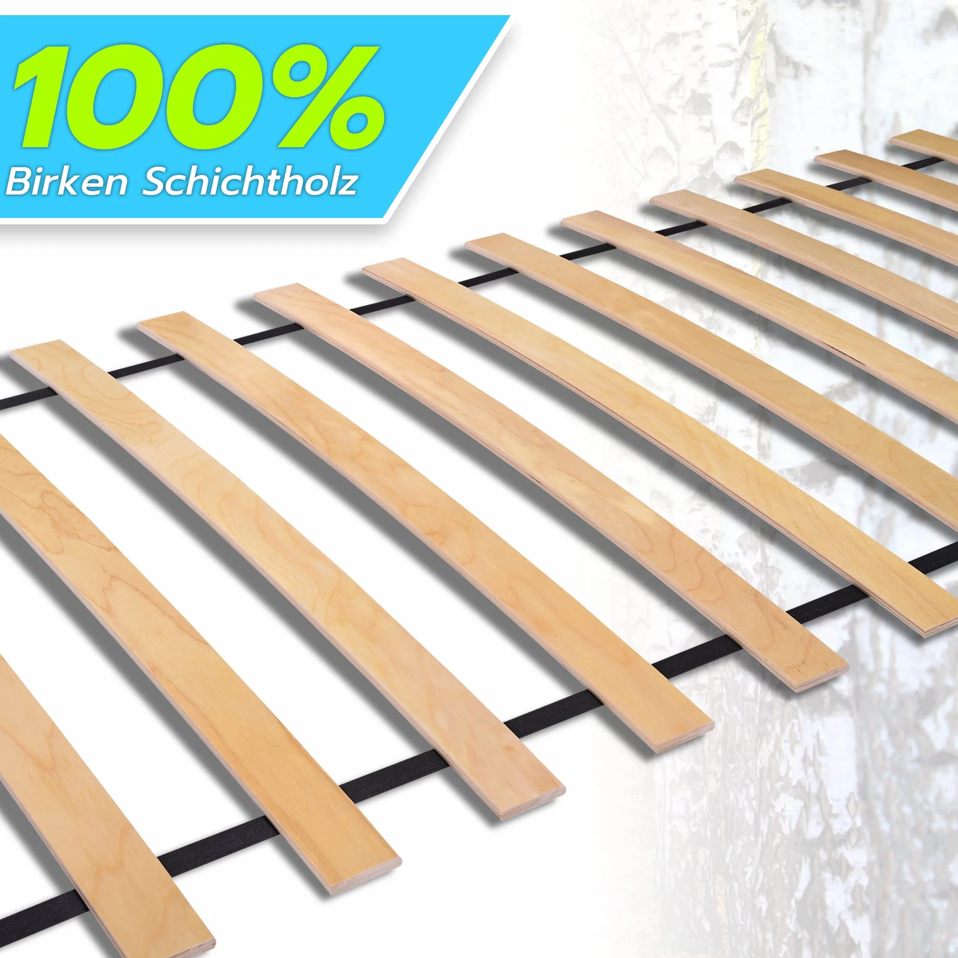 Stelaż rolowany 140 x 200 cm (2 x 70 cm) do łóżka – wysokiej jakości zwijany stelaż listewkowy, 17 wygiętych listew z drewna brzozowego połączonych taśmą.