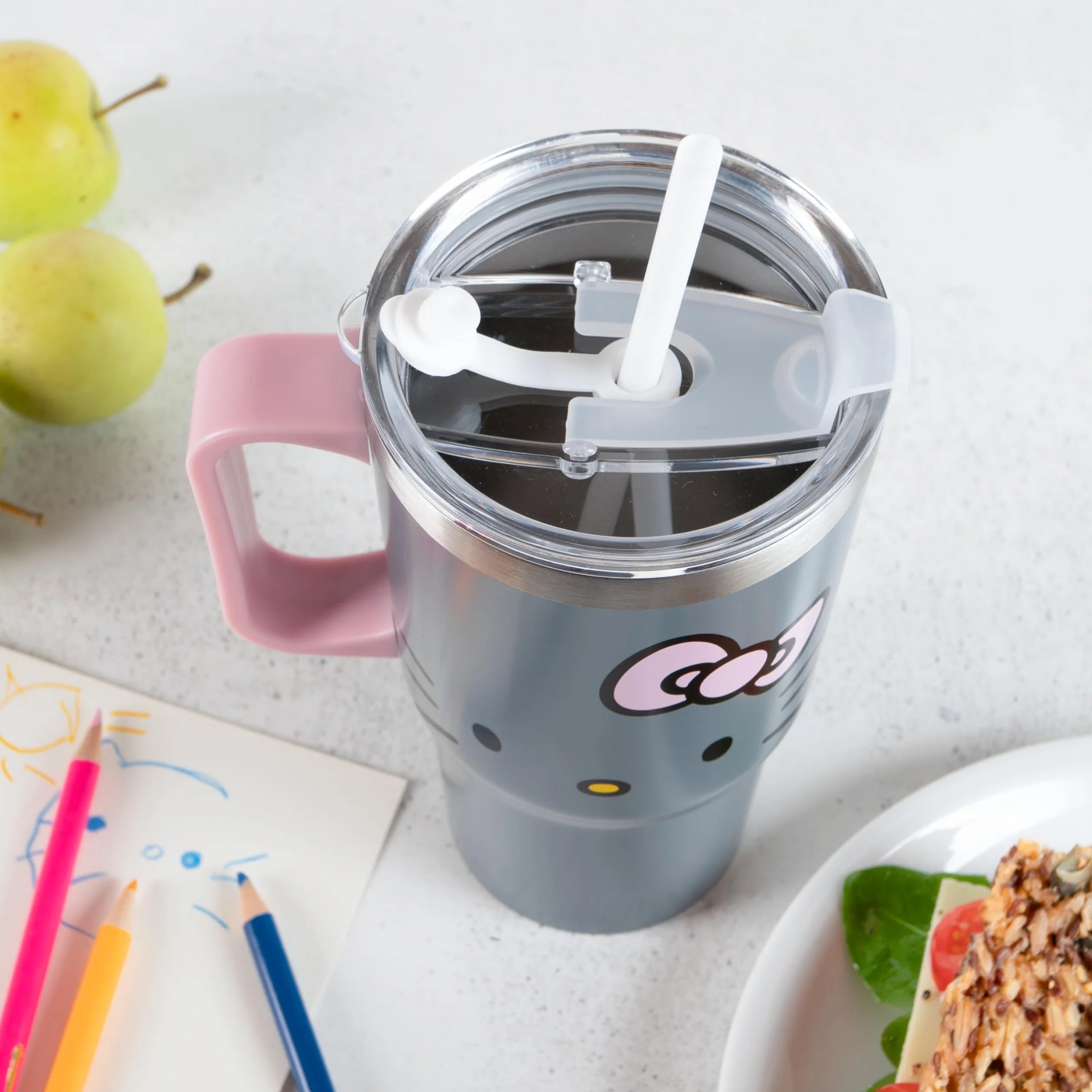 Hello Kitty kubek do picia 540 ml z pokrywką i słomką, szary dla dzieci