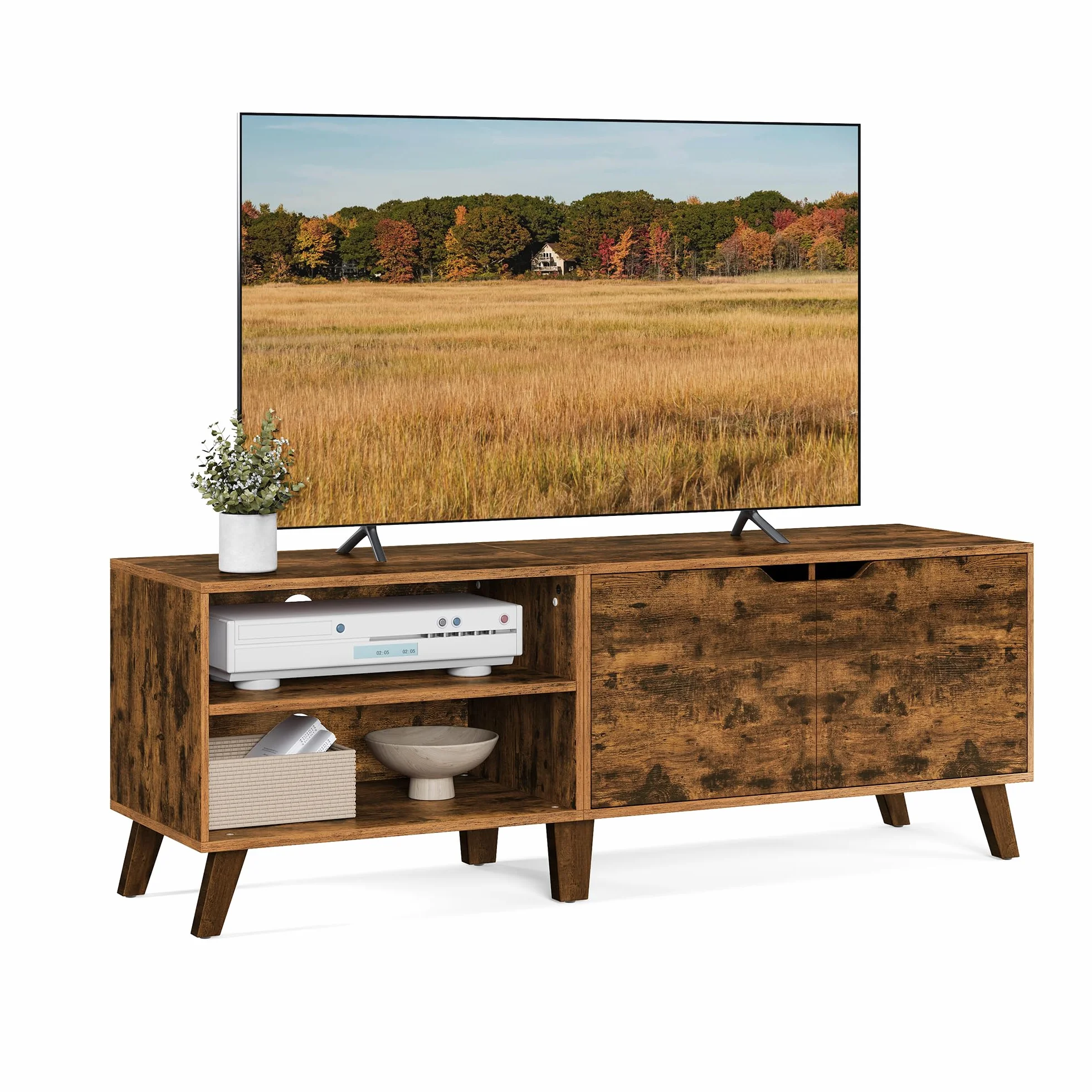 VASAGLE 2-drzwiowa szafka pod telewizor, stojak na telewizor z regulowanymi półkami, długość 140 cm, do telewizorów 65-calowych, salonu, jadalni, sypialni, rustykalny brąz LTV027X01