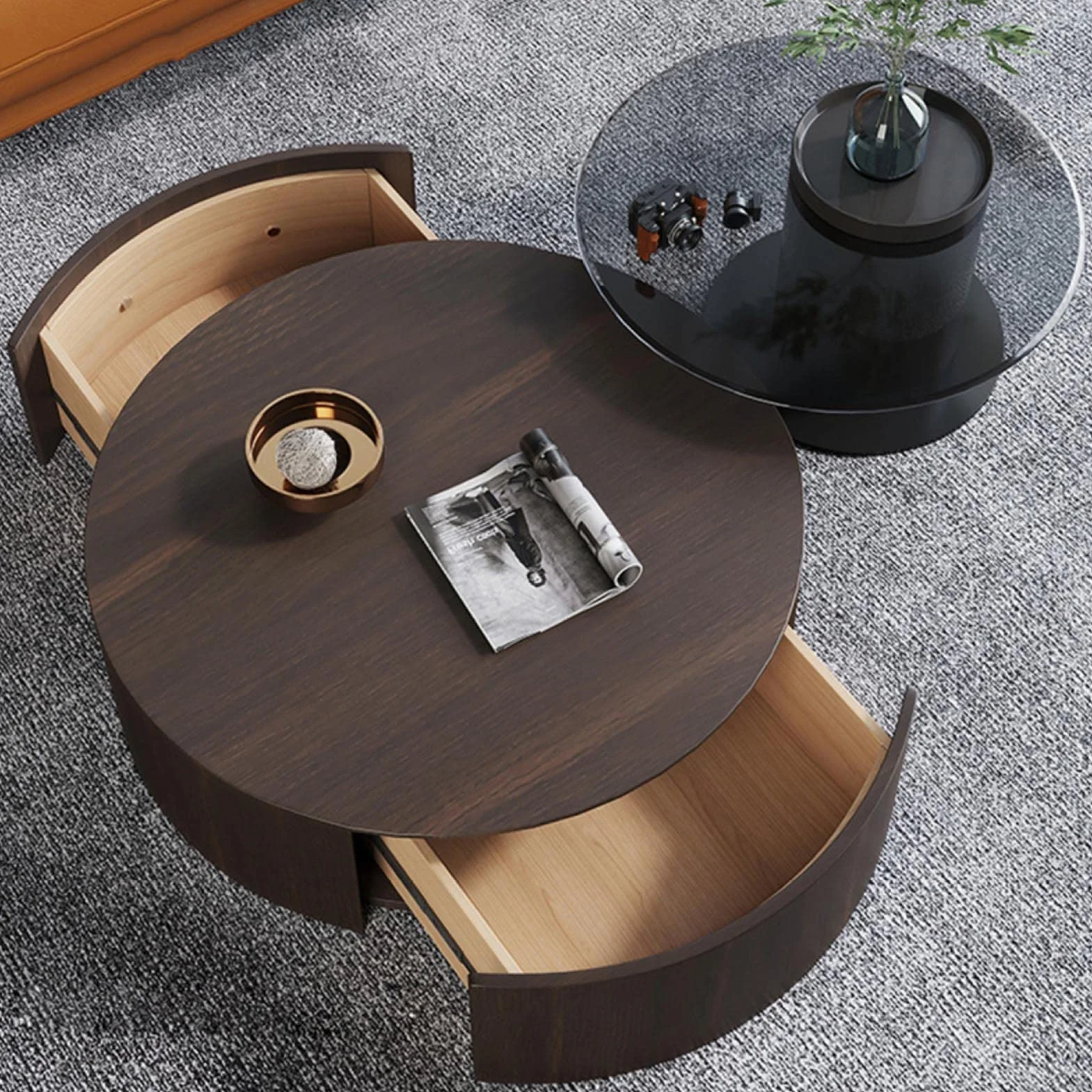 WestUx Nowoczesny okrągły stolik kawowy, zestaw dwóch stolików bocznych Mid Century Minimalist, szklany blat, do salonu, sypialni, biura, 90+60cm