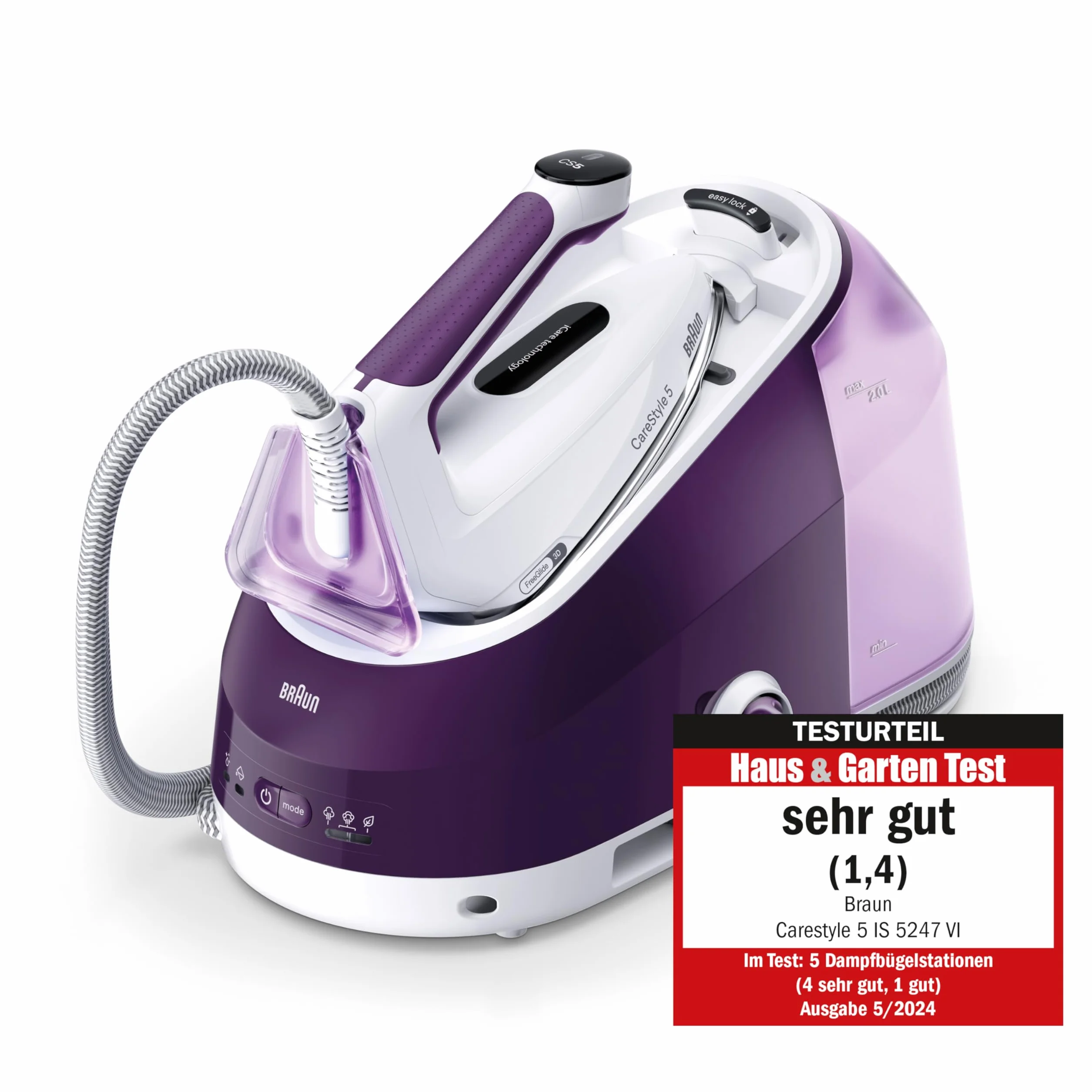 Braun CareStyle 5 IS5247VI żelazko parowe z technologią FreeGlide 3D, 145 g/min pary, szybkie nagrzewanie, tryb iCare, pionowe prasowanie, zdejmowany zbiornik 2 l, 2400 W, fioletowy