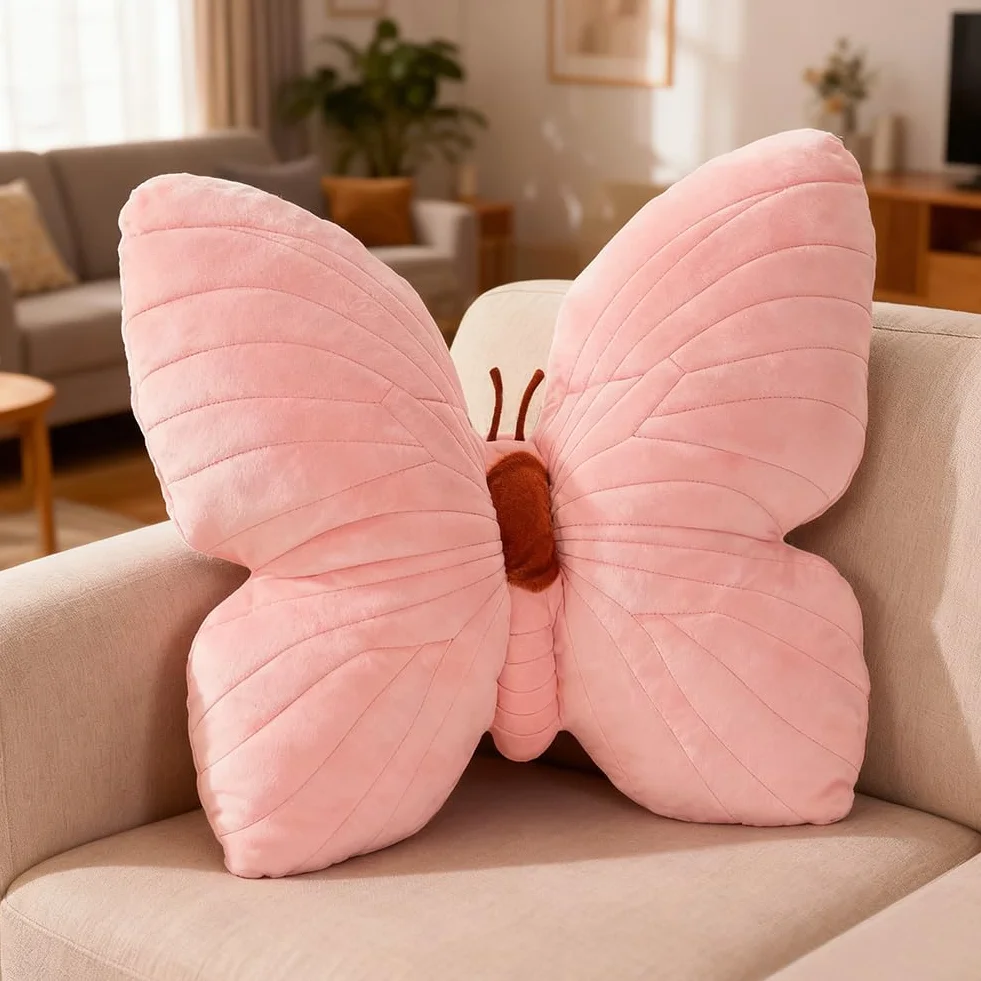 Poduszka do przytulania w kształcie motyla, pluszowa poduszka 40 cm, przytulna poduszka Aesthetic, poduszka dekoracyjna, pluszowa miękka dekoracja dla dzieci, do salonu, na sofę (różowa)