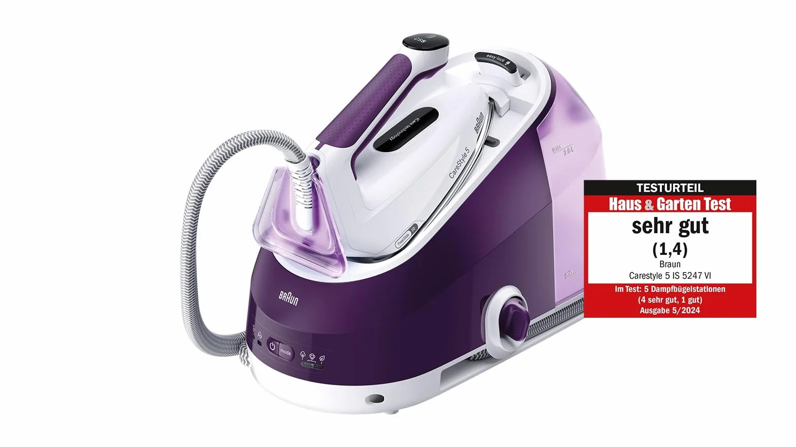 Braun CareStyle 5 IS5247VI żelazko parowe z technologią FreeGlide 3D, 145 g/min pary, szybkie nagrzewanie, tryb iCare, pionowe prasowanie, zdejmowany zbiornik 2 l, 2400 W, fioletowy