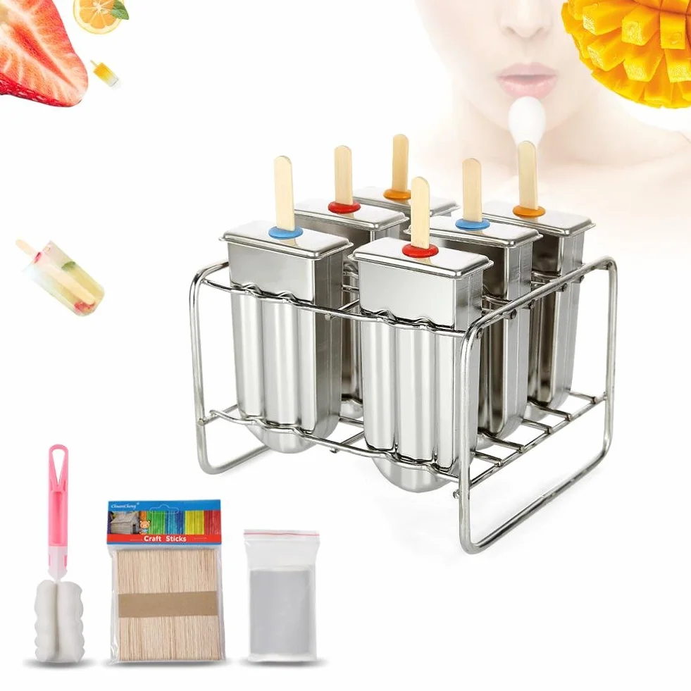 Formy do lodów 6 x Formy do lodów ze stali nierdzewnej Formy do lodów Popsicle Formy do lodów Zestaw form do lodów z uchwytem na patyk i szczoteczką do kubka na domowe lody na patyku