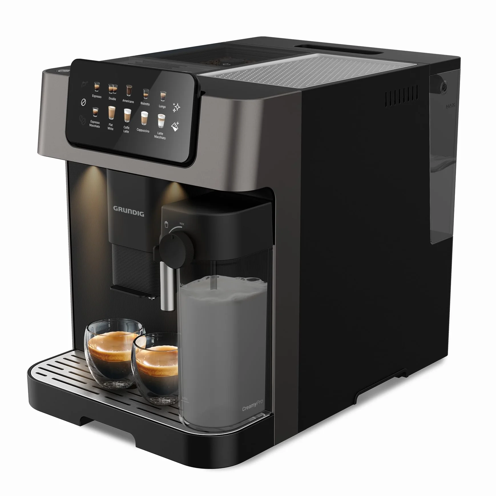 Grundig KVA 7230 ekspres do kawy, 10 specjałów do kawy, 13 stopni mielenia, pojemnik na mleko, wydajny 1350 W, ciśnienie pompy 19 bar, podwójna dysza, oświetlenie, czarny/ciemny srebrny