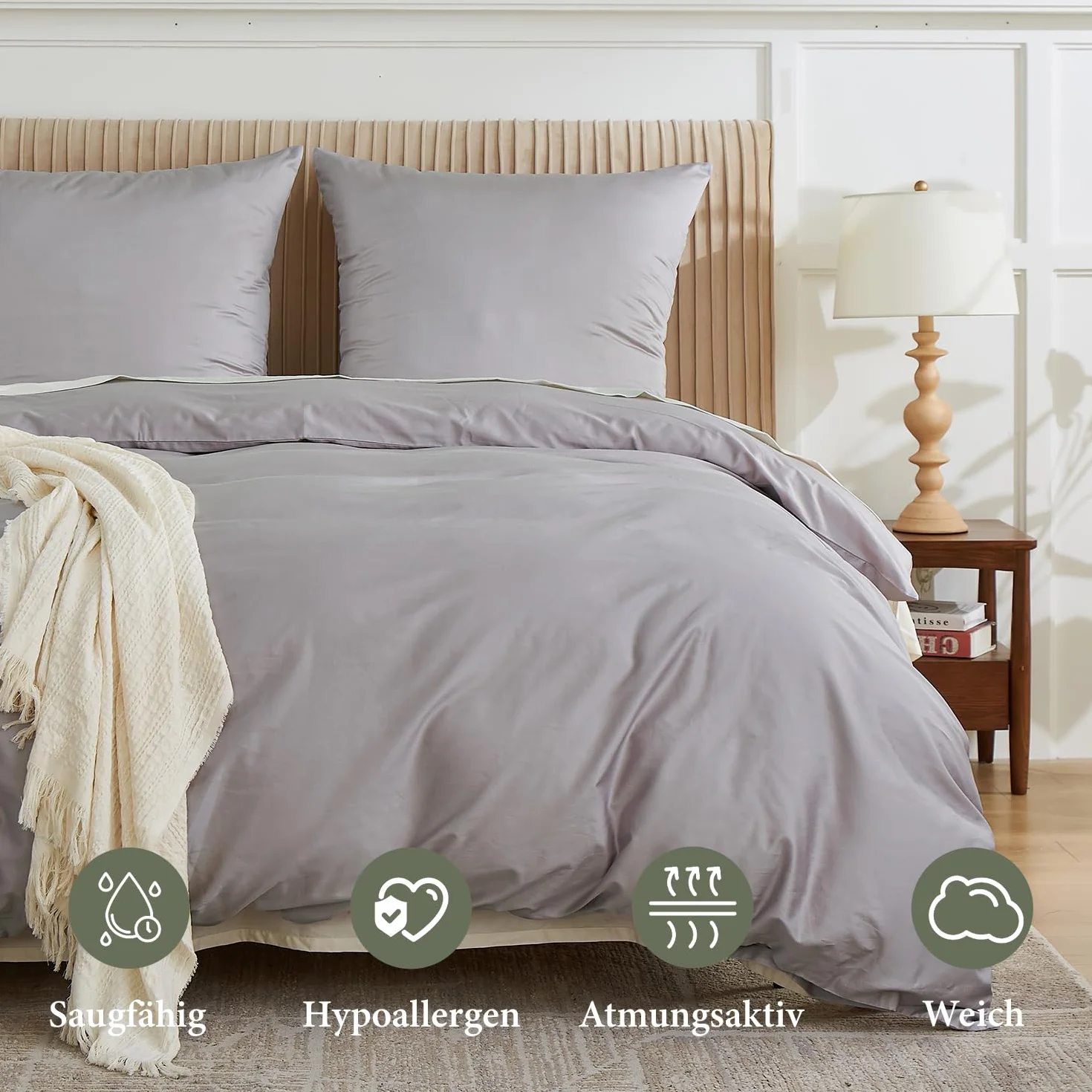 Simple&Opulence pościel 155x220 bawełna, komplety pościeli ze 100% egipskiej bawełny, 400TC, hipoalergiczna, zawiera 1 poszwę na kołdrę 155x220 + 1 poszewkę na poduszkę 80x80, Szaro-fioletowy