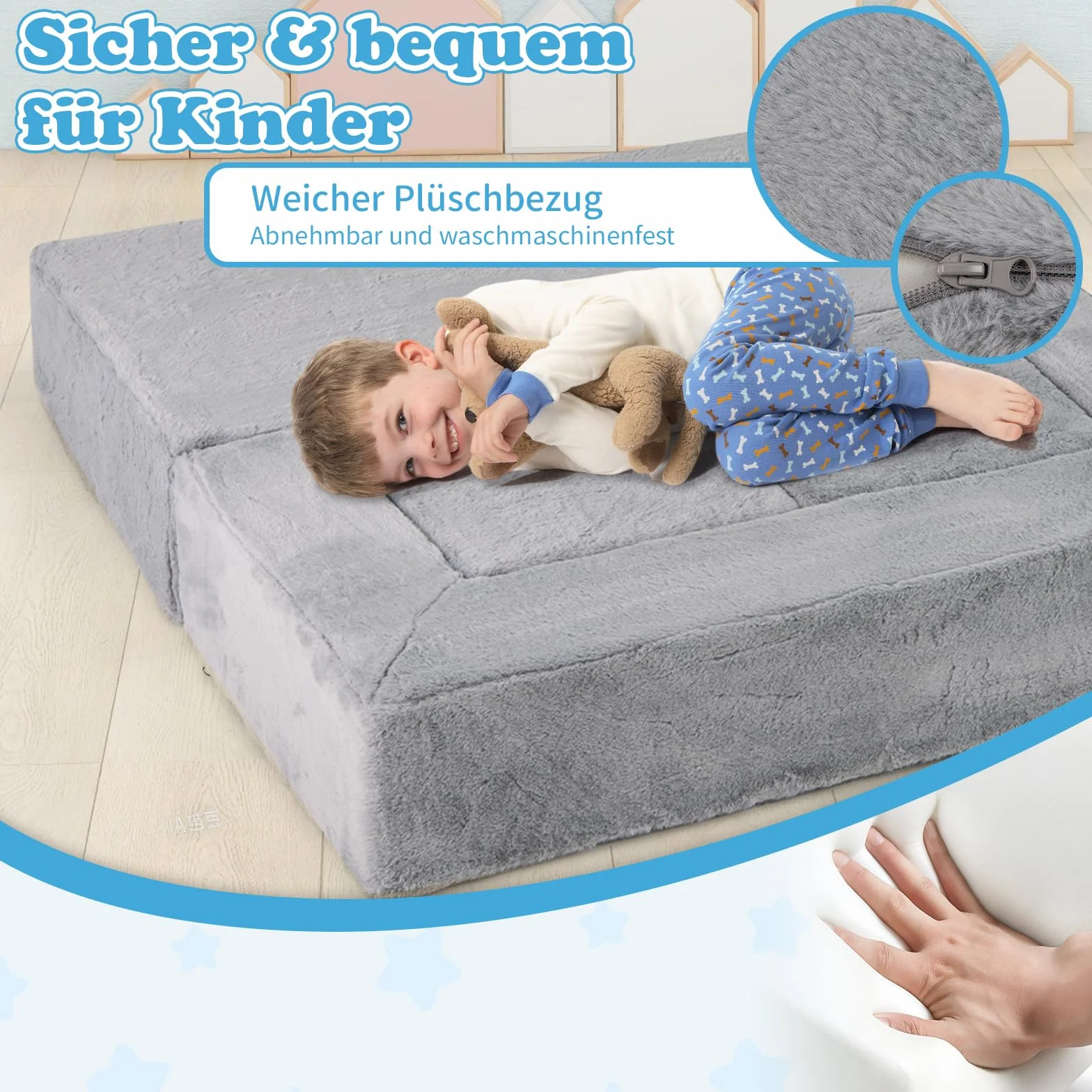 COSTWAY Modułowa sofa dziecięca, sofa do zabawy z pianki ze zdejmowanym pluszowym pokrowcem, rozkładana sofa modułowa dla chłopców i dziewczynek, fotel dziecięcy do pokoju zabaw, sypialni, pokoju