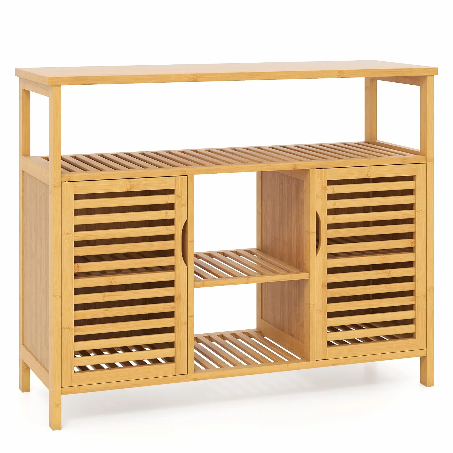GIANTEX Bambusowa szafka łazienkowa, szafka do przechowywania z drzwiami żaluzjowymi i półkami, organizer stojący do salonu, przedpokoju, kuchni, jadalni, 100 x 35 x 80 cm, naturalny