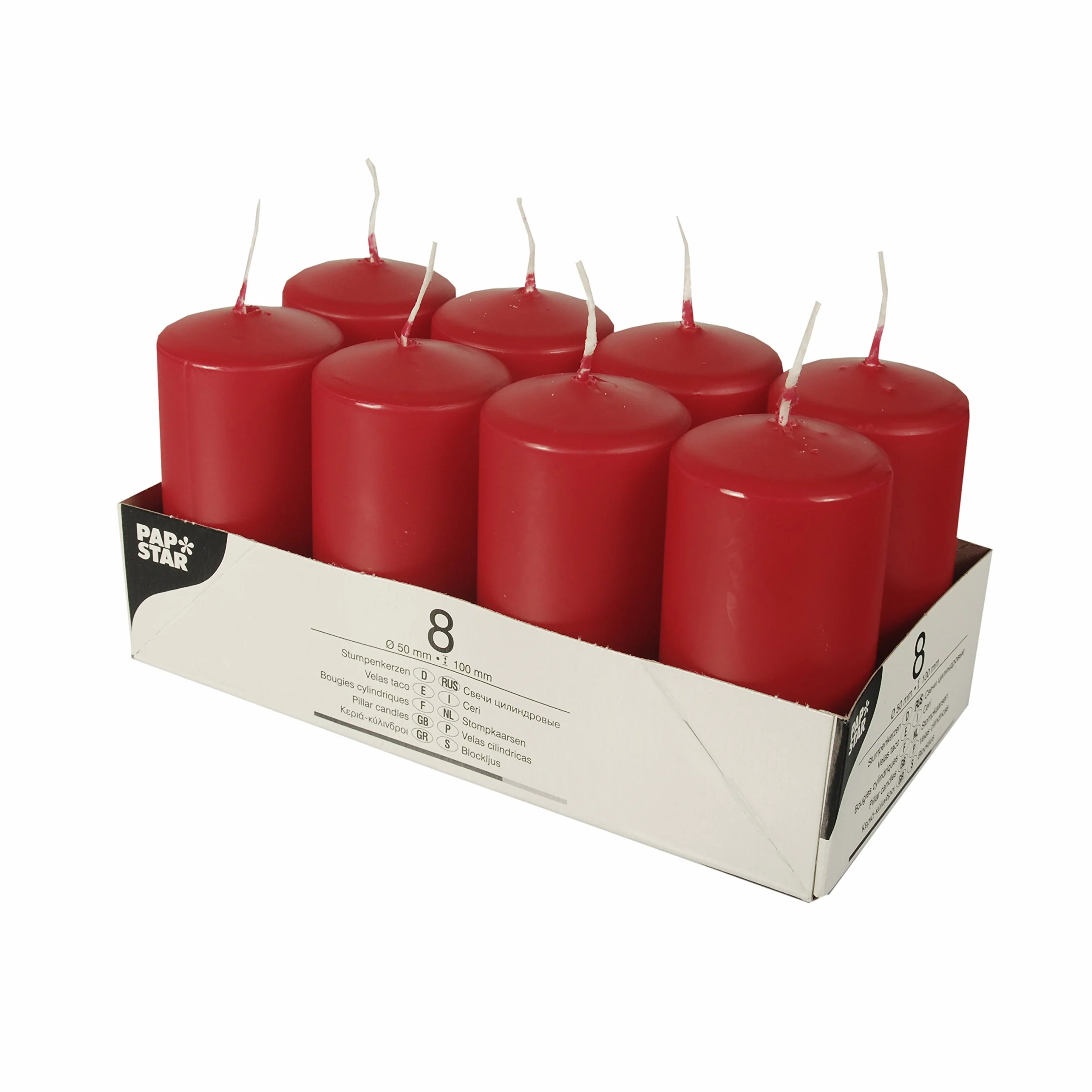 PAPSTAR Świece, parafina, czerwone, 50 mm · 100 mm (opakowanie 8 sztuk), 20,2 x 10,3 x 10 cm (opakowanie artykułu może się nieznacznie różnić)
