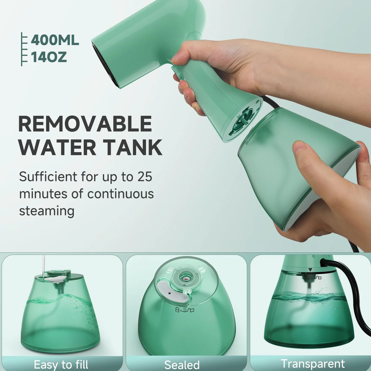 OLAYMEY Steamer żelazko parowe podróżne, 1800 W, 30 g/min, żelazko parowe, 400 ml, przenośne żelazko podróżne, szybkie nagrzewanie 20 s, ręczna parownica, szczotka parowa do ubrań, T202, zielona