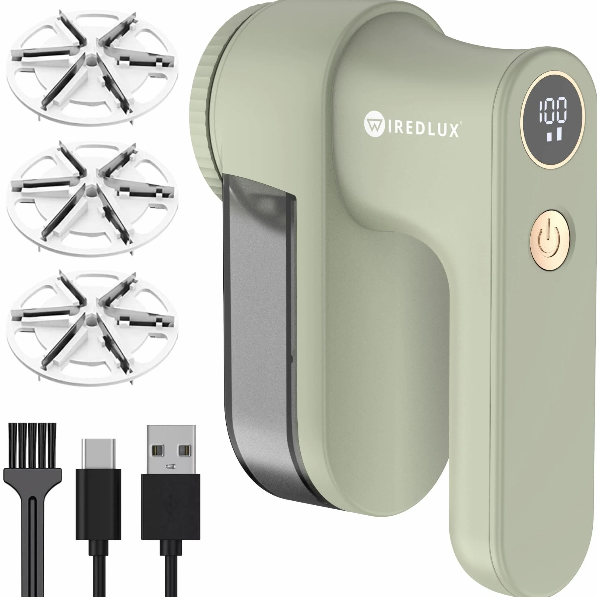 Elektryczna golarka do ubrań – Golarka do tkanin i elektryczna golarka do kłaczków, 3 prędkości, wyświetlacz LED, ładowanie USB – Przenośny odmechacz z podwójną ochroną (Sage)