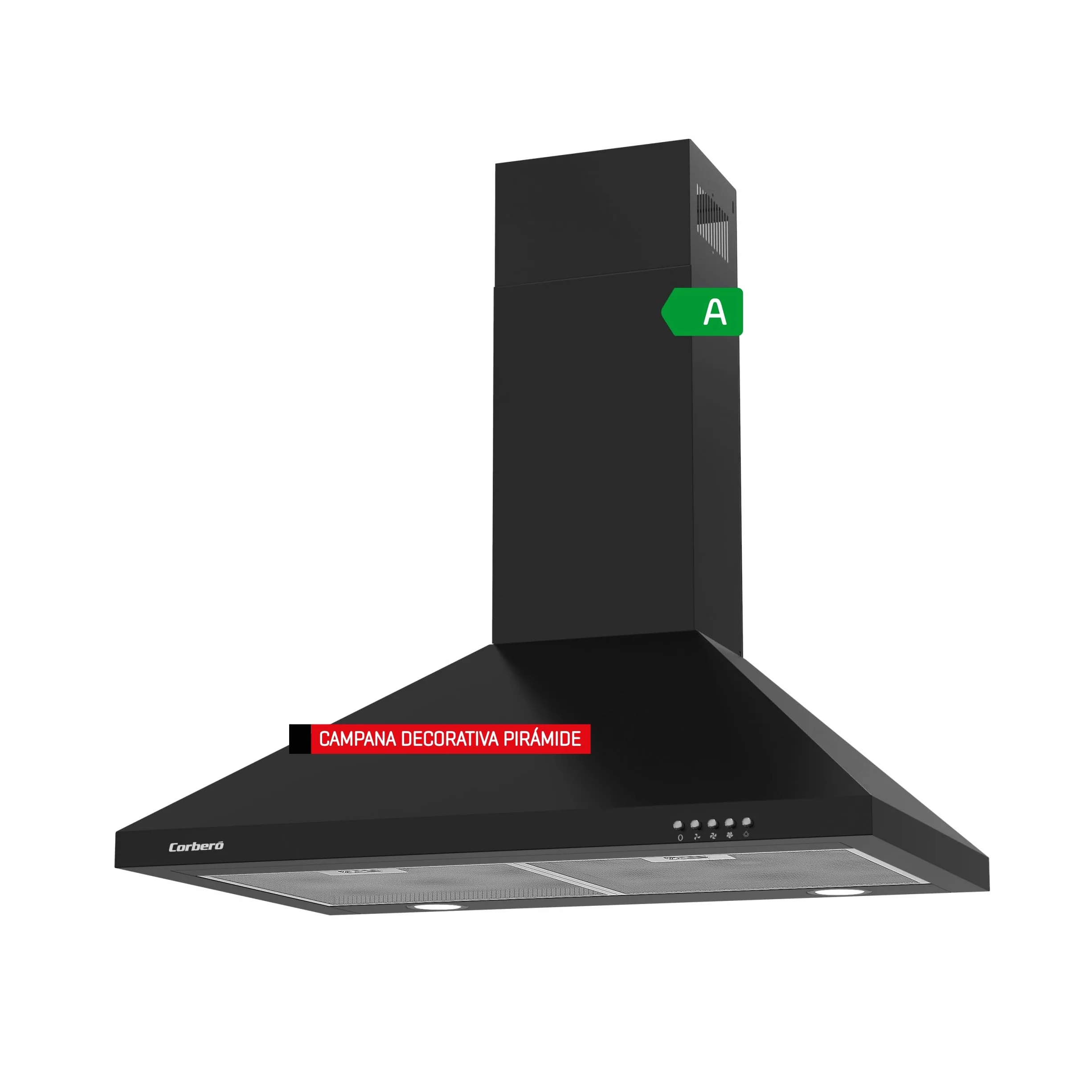 Corberó - dekoracyjny dzwonek piramidowy | 70 cm | KURAMATHI760B | Przepływ 621,71 m3/h | 165W | 3 prędkości | 2 filtry aluminiowe | filtr węglowy | efektywność energetyczna A, czarny