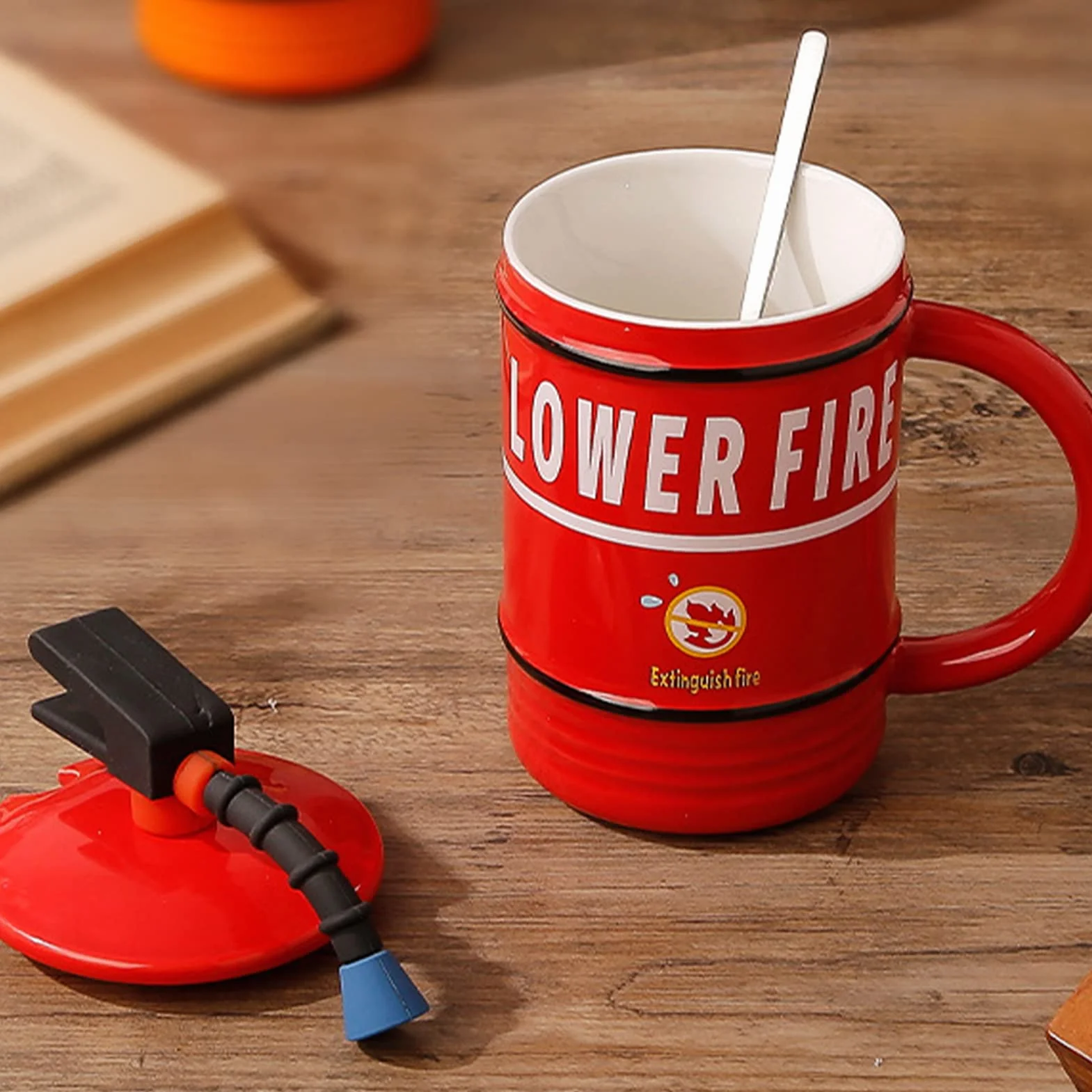 Filiżanka z gaśnicą, spersonalizowana, ceramiczna filiżanka do kawy z pokrywką i łyżeczką, zabawny kubek do cappuccino, kreatywne filiżanki 3D, filiżanki do herbaty, na napoje, kubek na wodę, prezent