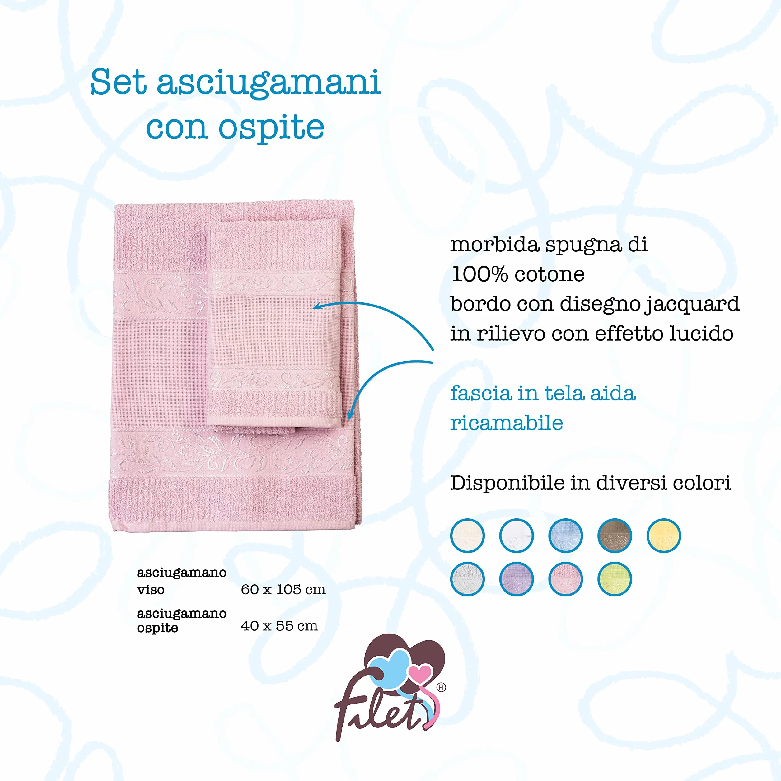 Filet - zestaw ręczników ze 100% bawełnianym ręcznikiem frotte w jednolitym kolorze z haftowaną wkładką z tkaniny Aida - różowy