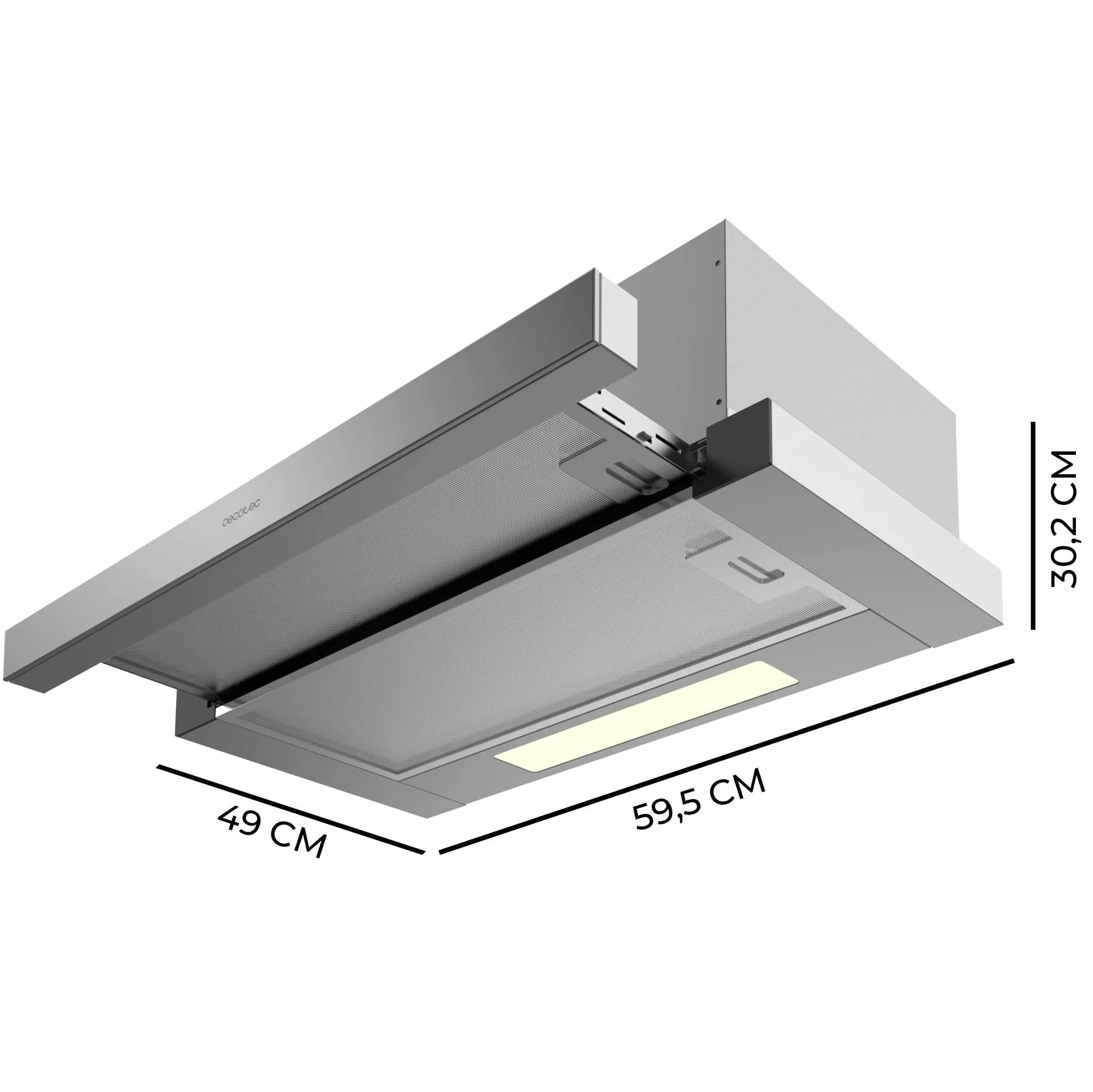 Cecotec Okap Teleskopowy 60cm Bolero Flux TLM 606500 Inox A. Silnik 165W, moc ssania 650m3/h, sterowanie mechaniczne, 2 poziomy mocy, światło i filtr węglowy, wykończenie Inox