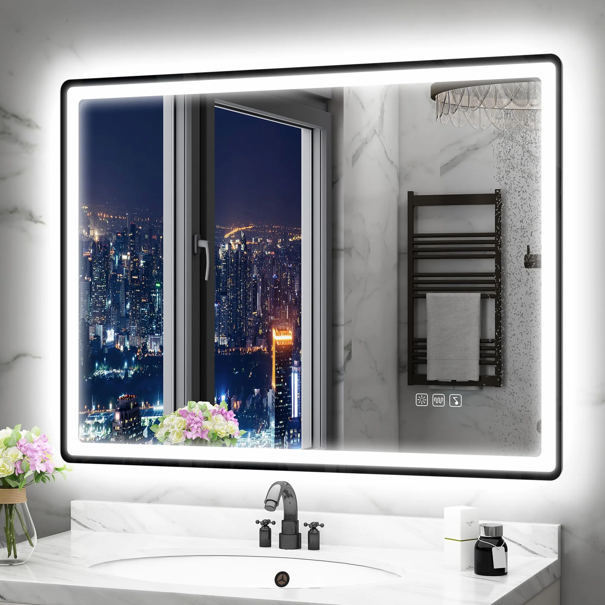 STARLEAD Czarne lustro LED łazienka ze światłem 80 x 60 cm, Bluetooth, 3 kolory światła, możliwość ściemniania, ochrona przed mgłem, pamięć, IP44, szkło hartowane, poziome/pionowe, rama niemetaliczna