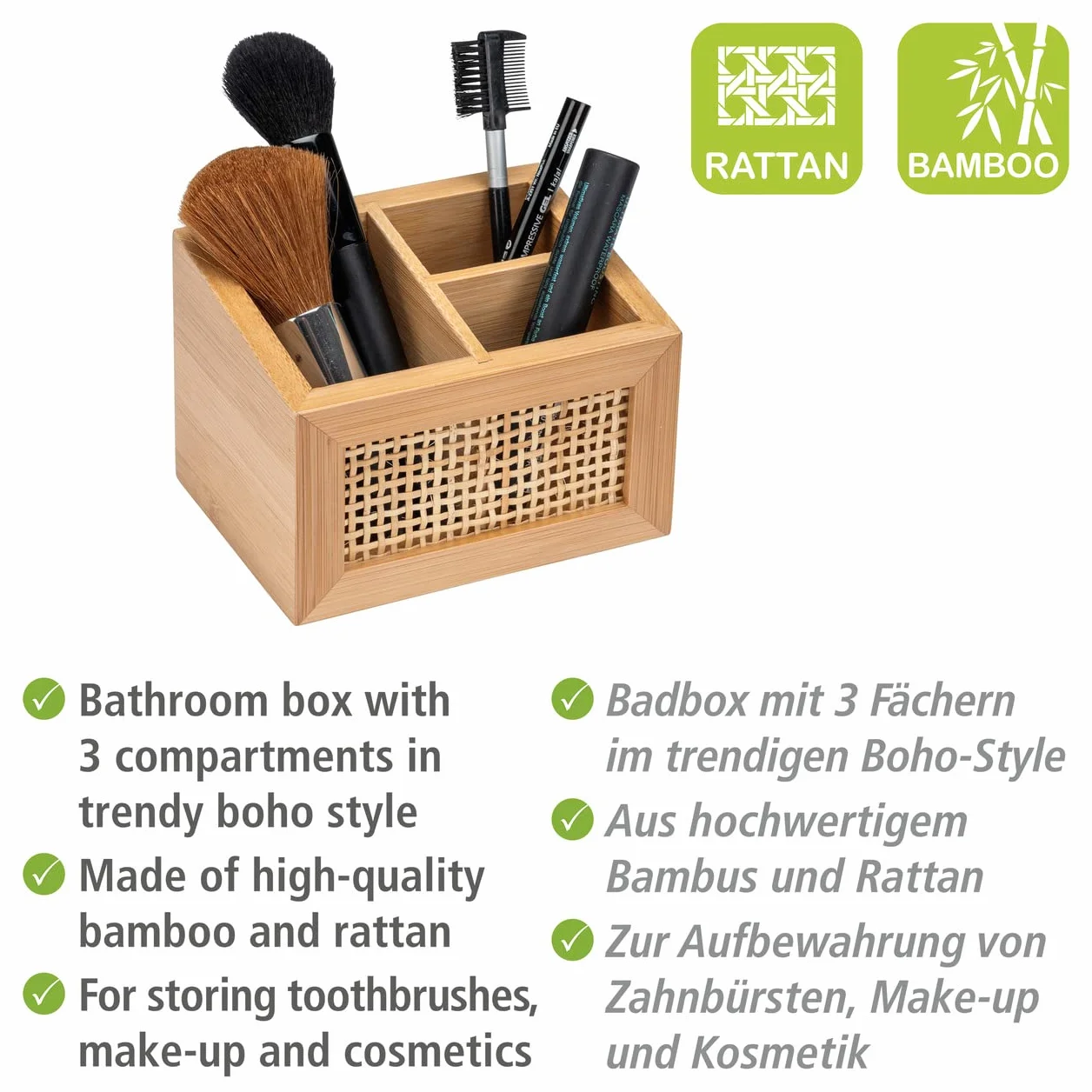 WENKO Pudełko łazienkowe Allegre 12 x 8,5 cm bambus rattan boho z przegrodami