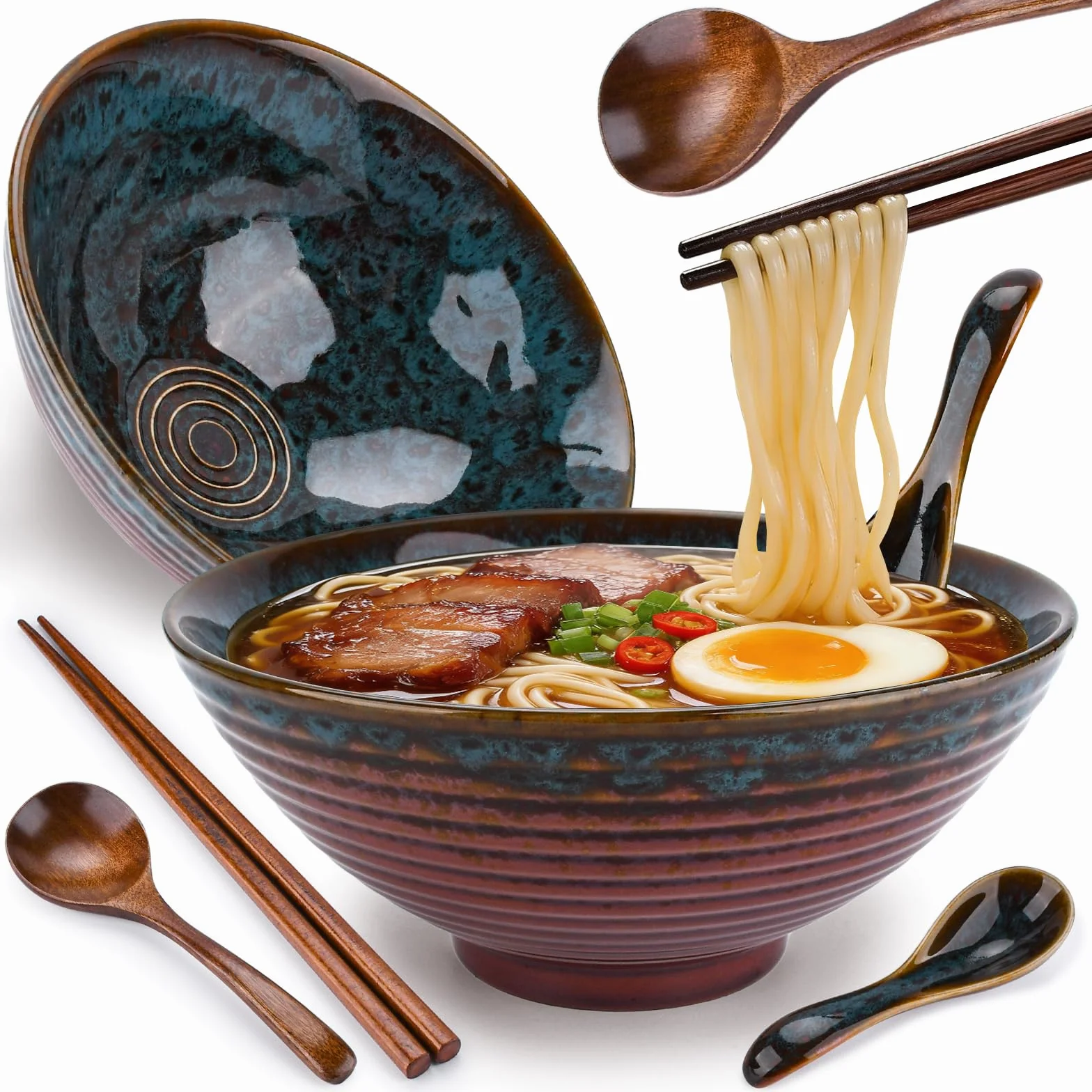 8 Calowe Ceramiczna Miska do Ramenu 8 Pozycji,Porcelanowe Japońskie Sałatki Makarony,2 Ceramicznych Misek do Ramenu,1000mlJapońska Miska do Ramenu do Jedzenia,Miski na Zupę,Miseczki na Musli,Salaterka