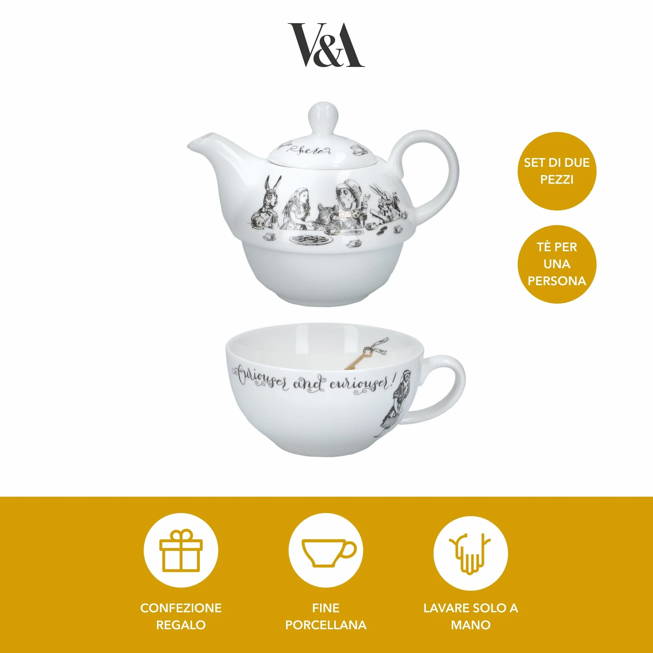 V&A Aiicja w Krainie Czarów, Zestaw Dzbanka i Filiżanki do Herbaty, dla Jednej Osoby, w Opakowaniu Prezentowym, Chińska Porcelana, Pojemność: 250 ml - Kolor Biały