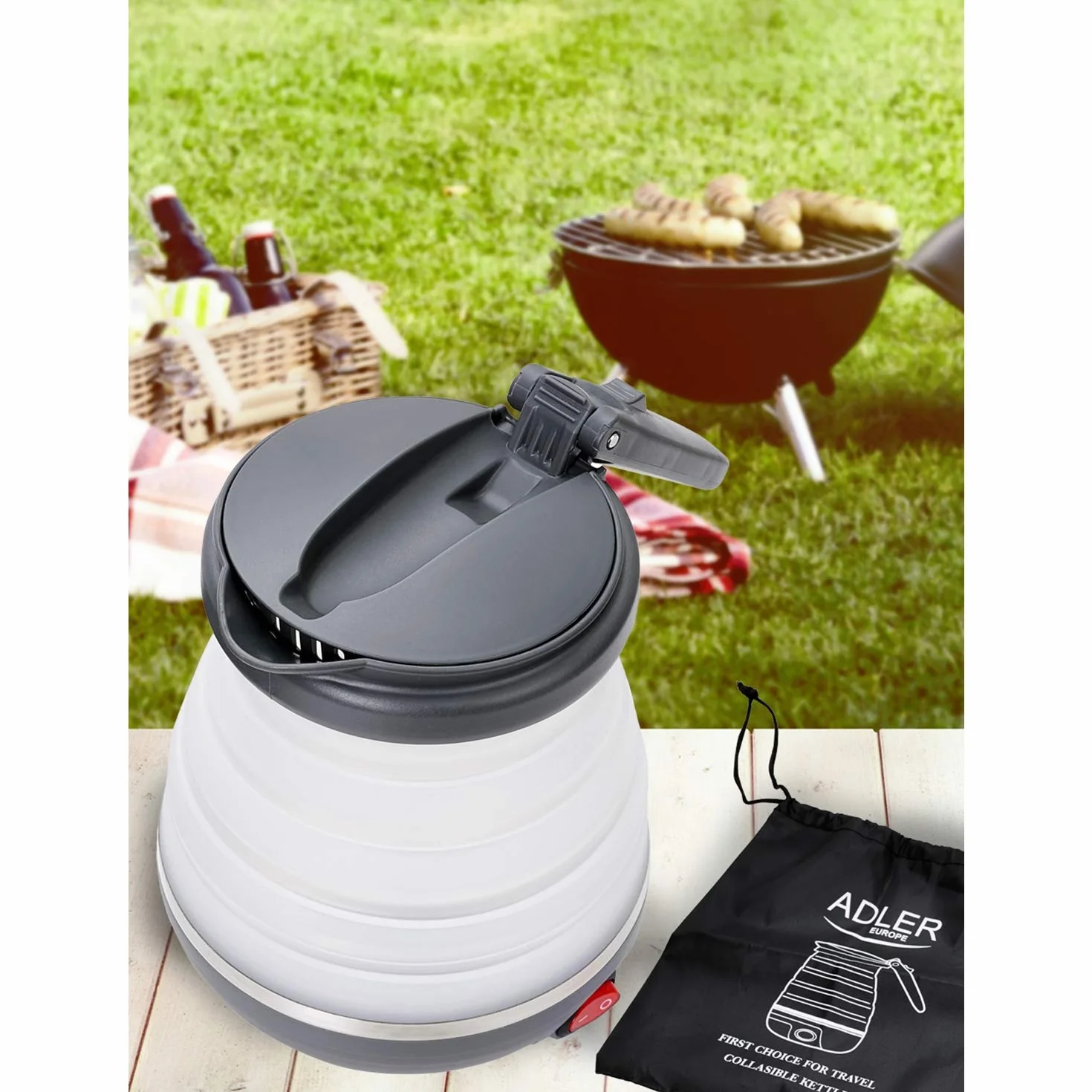 Adler AD 1279 Czajnik Elektryczny Składany, 0.6L, 750W, Biały/Ciemnoszary, Turystyczny, Kompaktowy