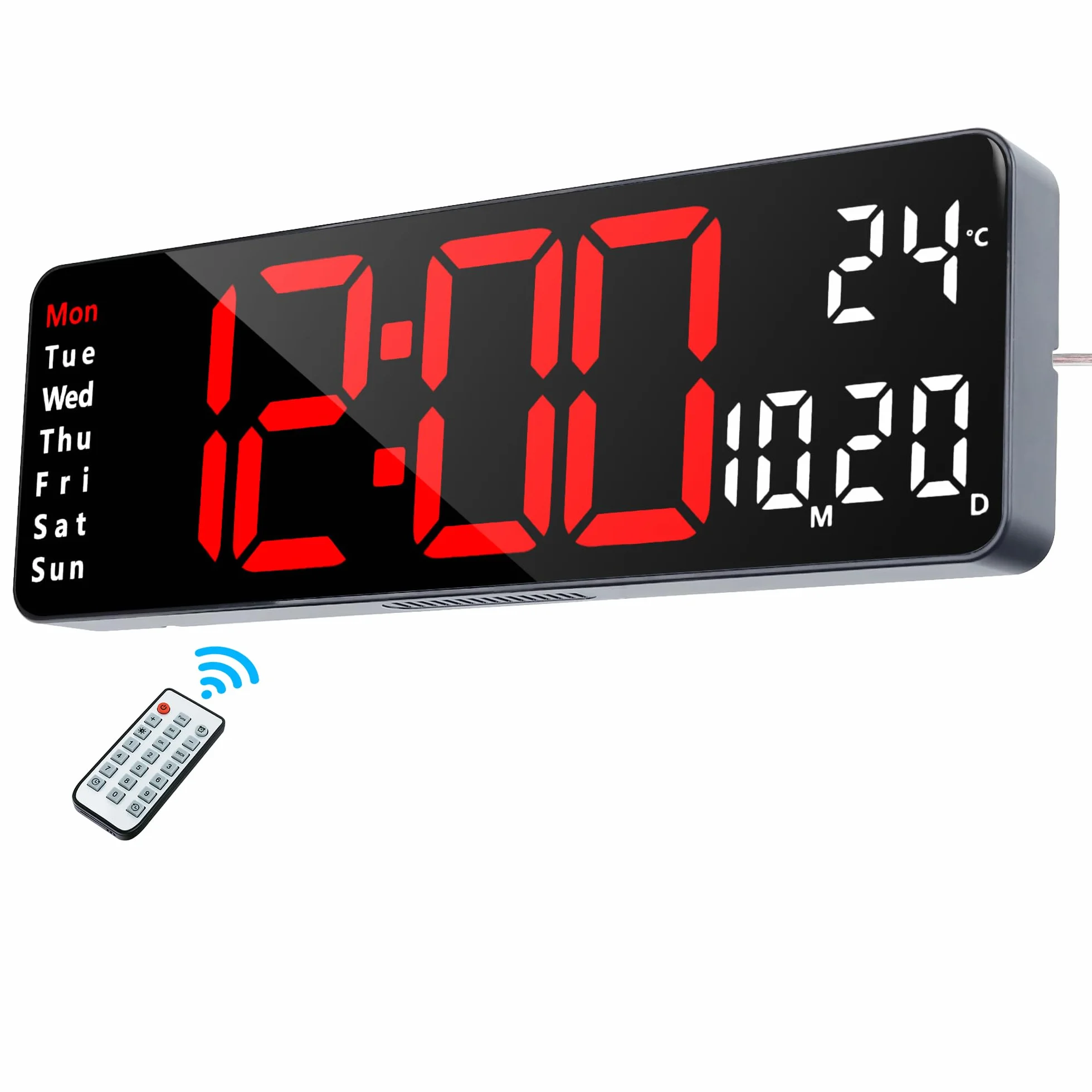 Lafocuse Cyfrowy zegar ścienny LED 33 cm z pilotem, regulowaną jasnością, timerem, temperaturą, datą