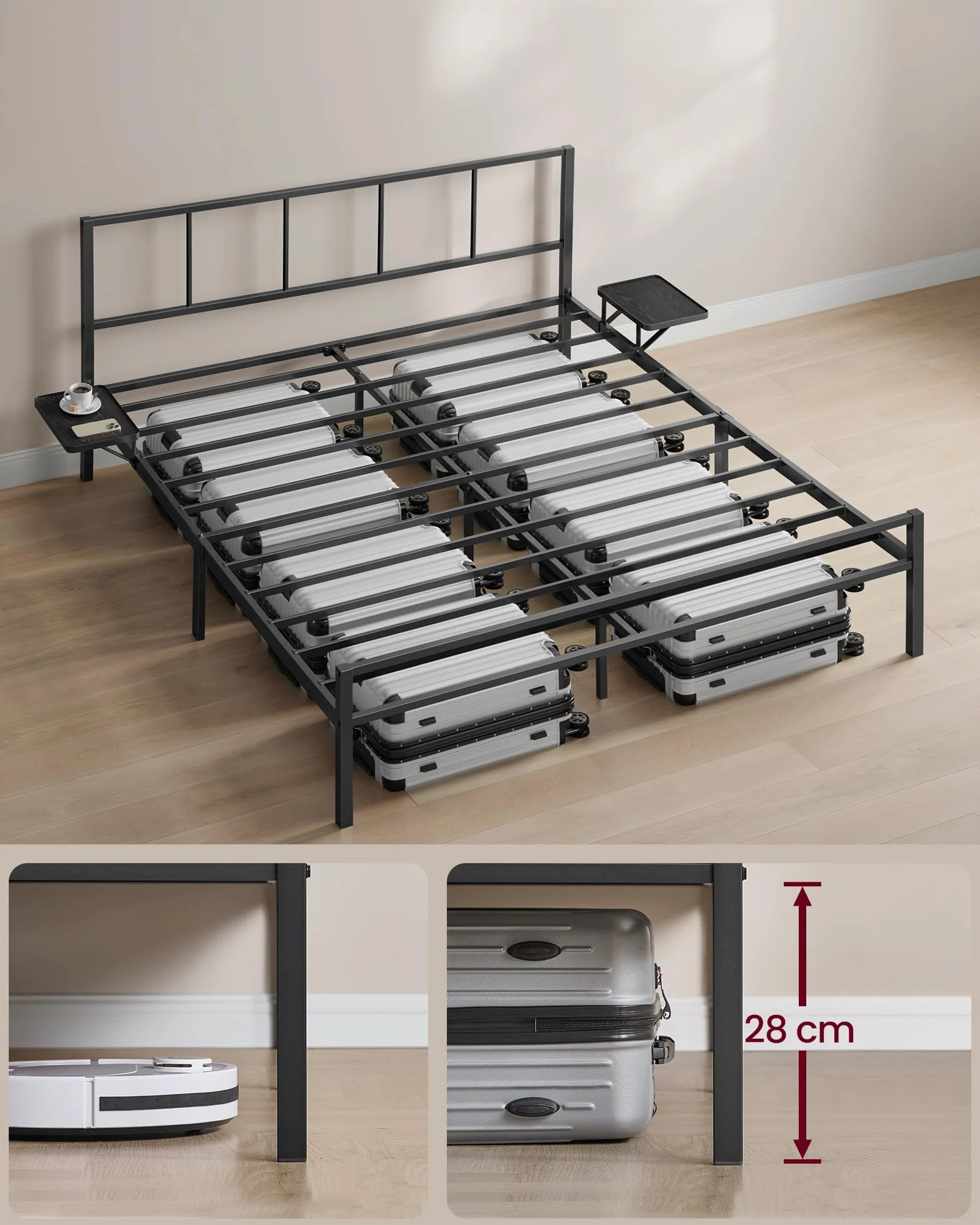 VASAGLE Rama łóżka 160 x 200 z metalowym stelażem, metalowa rama z półkami do przechowywania, zagłówek, dla nastolatków, łatwy montaż, tusz czarny RMB195BD01