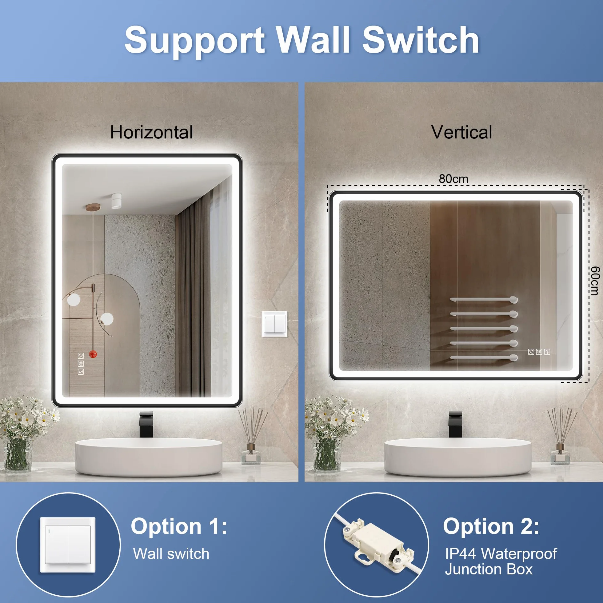 STARLEAD Czarne lustro LED łazienka ze światłem 80 x 60 cm, Bluetooth, 3 kolory światła, możliwość ściemniania, ochrona przed mgłem, pamięć, IP44, szkło hartowane, poziome/pionowe, rama niemetaliczna