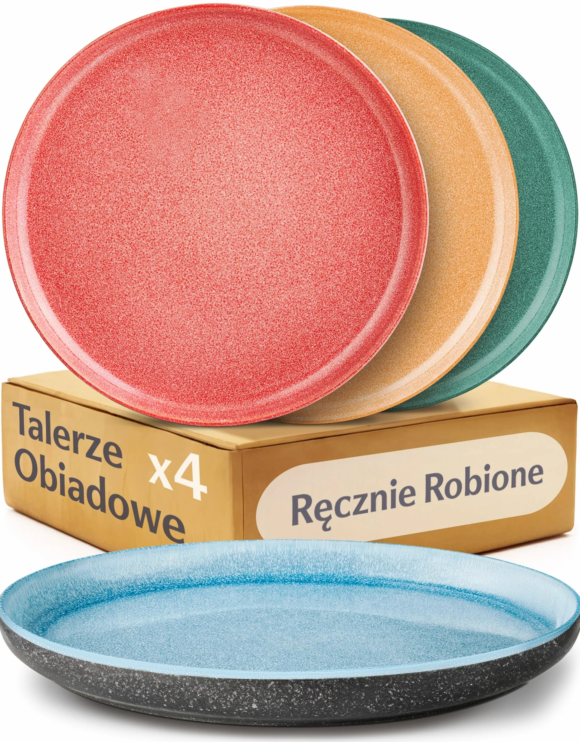 Zestaw 4 Talerzy Obiadowych z Kamionki Ø26,7 cm Ręcznie Wykonane Reaktywne Emaliowanie Żywe Kolory Odpowiednie do Kuchenki Mikrofalowej i Zmywarki