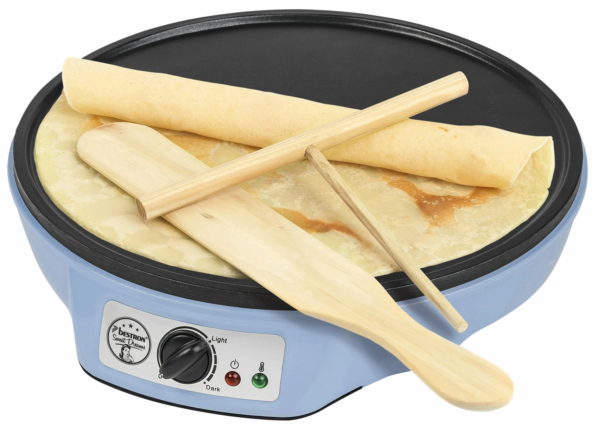 Bestron Crepes Maker, Urządzenie do robienia naleśników o średnicy 30 cm, w komplecie Rozdzielacz do ciasta i łopatka do przewracania naleśników, z powłoką nieprzywierającą, Kolor: Niebieski