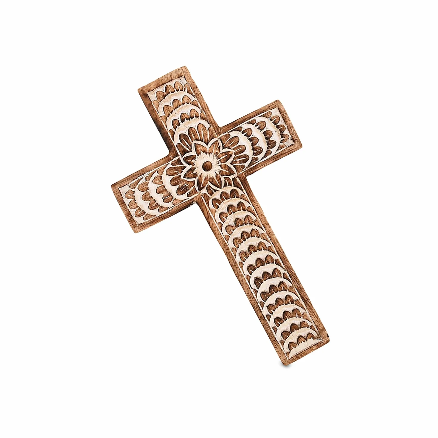 EDHAS Drewniany krzyż rzeźbiony kwiatowy wzór dekoracja domu 25,4 cm x 15,24 cm x 1,27 cm
