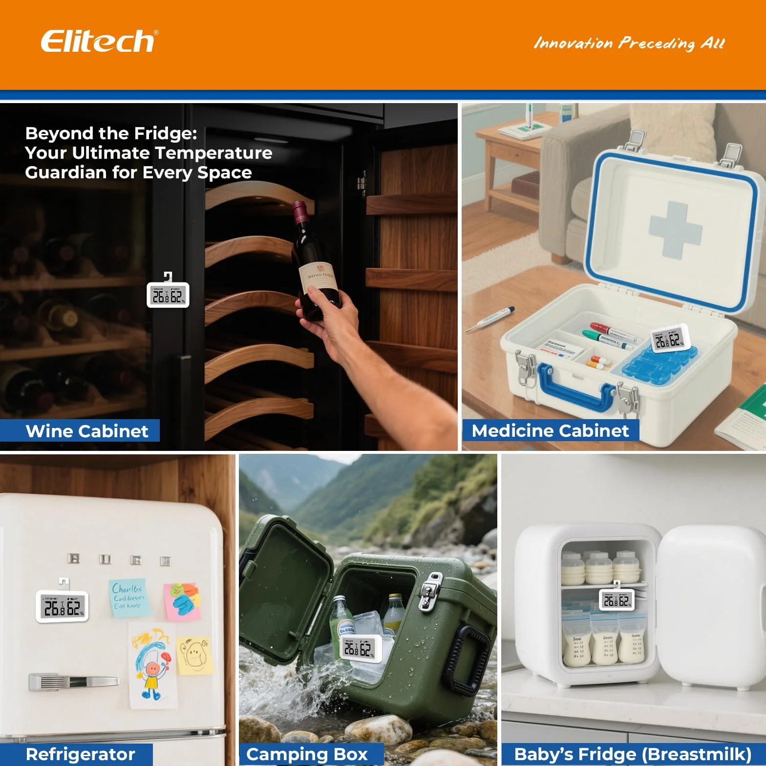 Elitech 2Pack TM-2 Termometr do lodówki, monitorowanie temperatury i wilgotności, mocowanie magnetyczne i zaczep, energooszczędny, idealny do zamrażarki, szafy spiżarni, komory chłodniczych