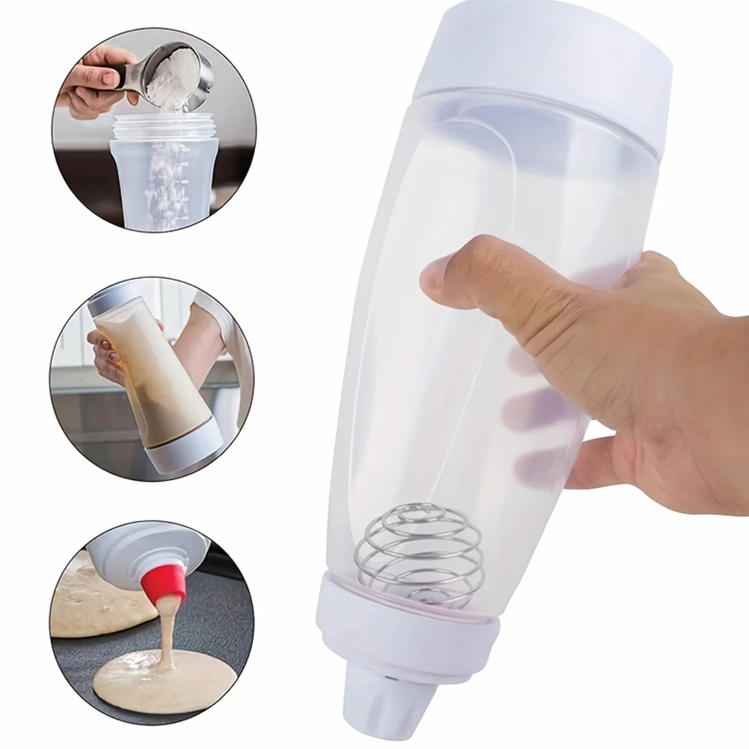 Dozownik do ciasta ze skalą, dozownik do ciasta o pojemności 1000 ml z trzepaczką BlenderBall, do naleśników, gofrów, muffinek lub pączków (biała)